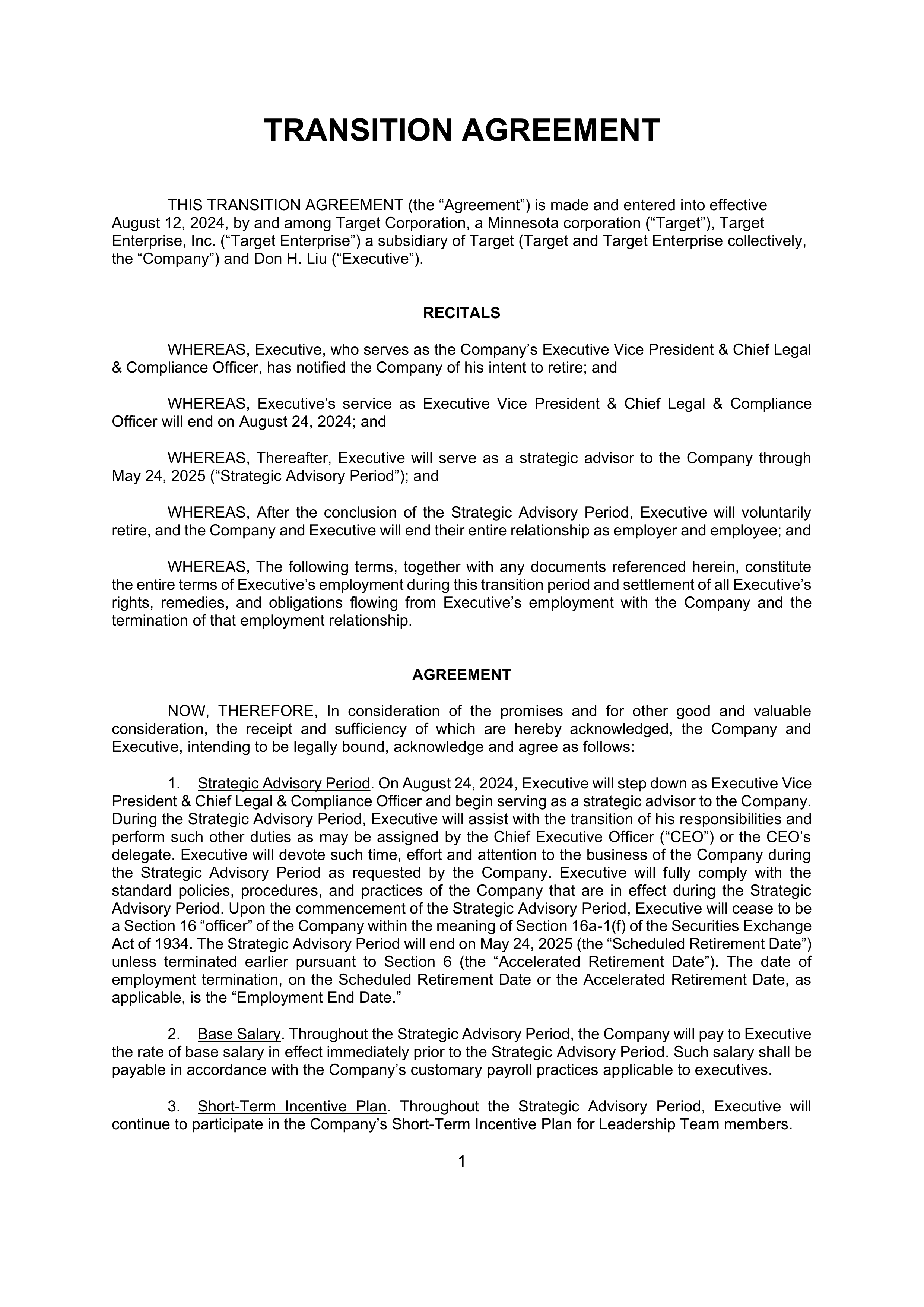 Target Corporation Transition Agreement — page 1