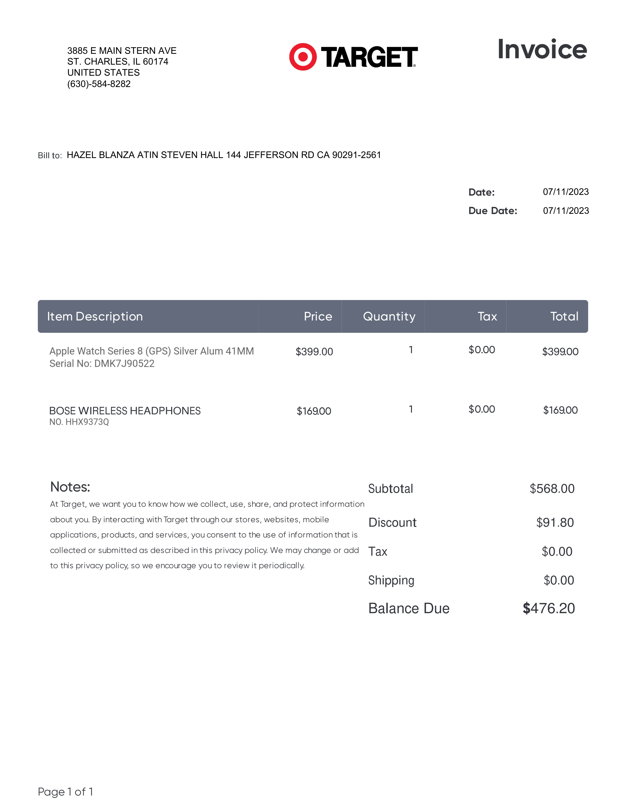 Target Electronics Purchase Invoice — page 1