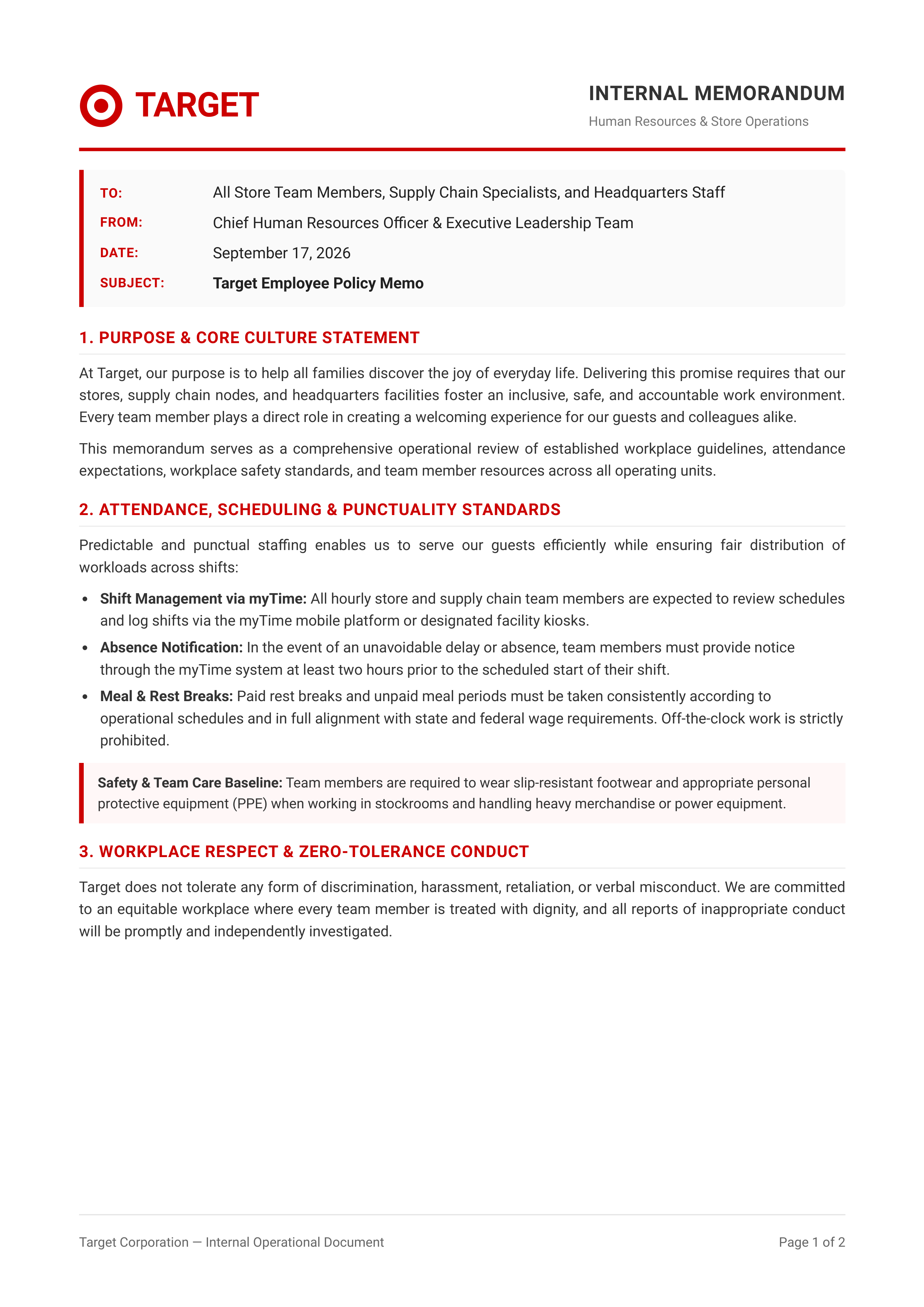 Target Employee Policy Memo — page 1
