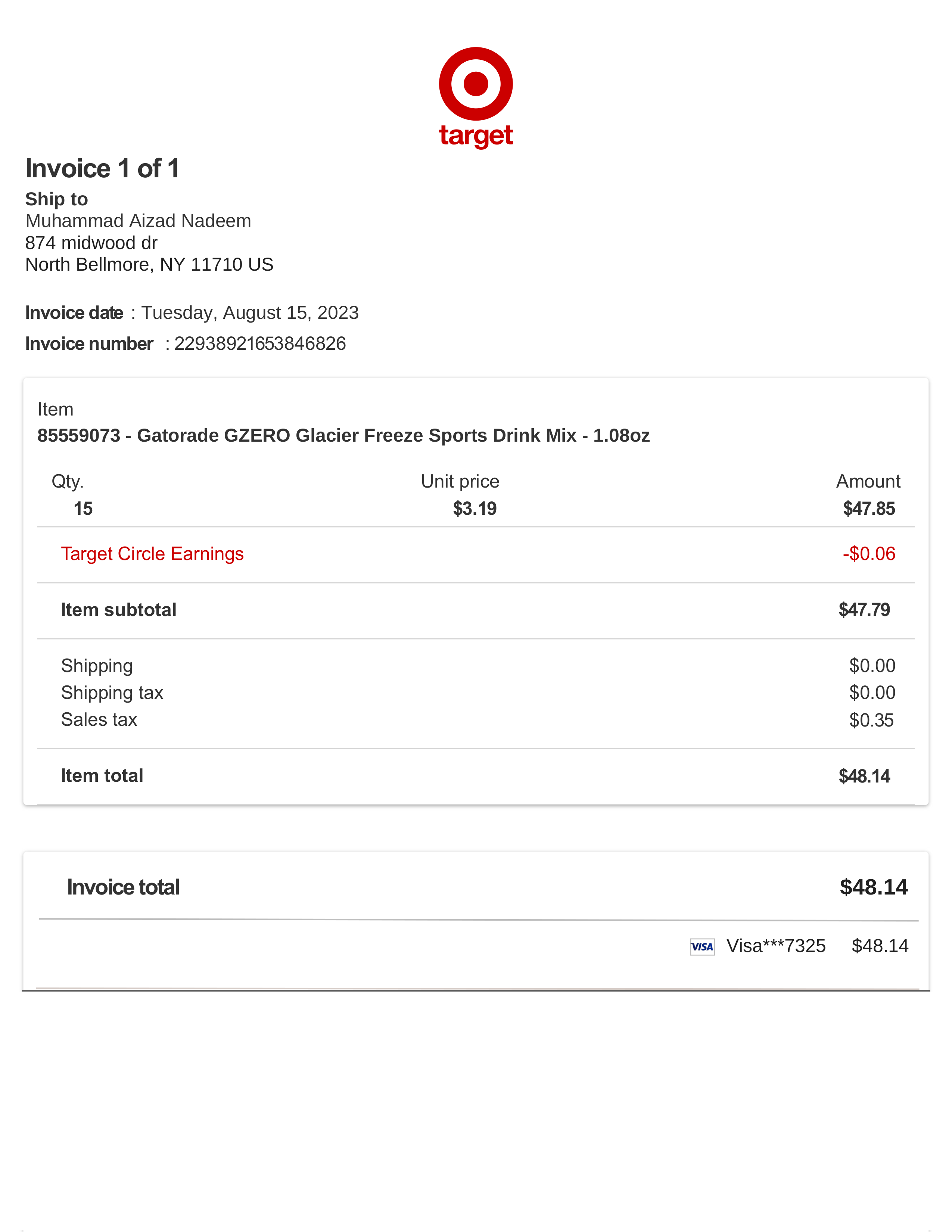 Target Grocery Invoice — page 1