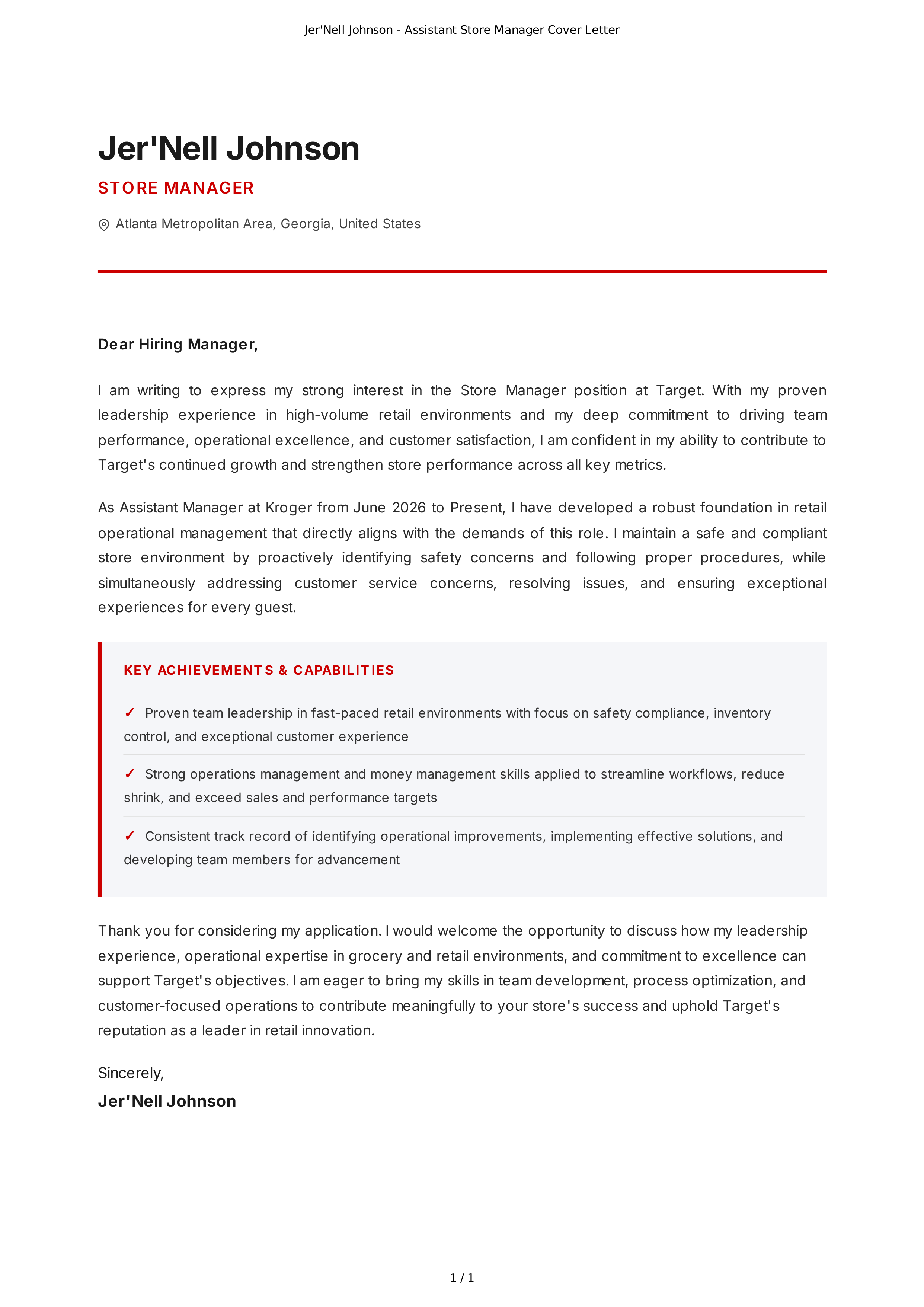 Target Store Manager Cover Letter — page 1