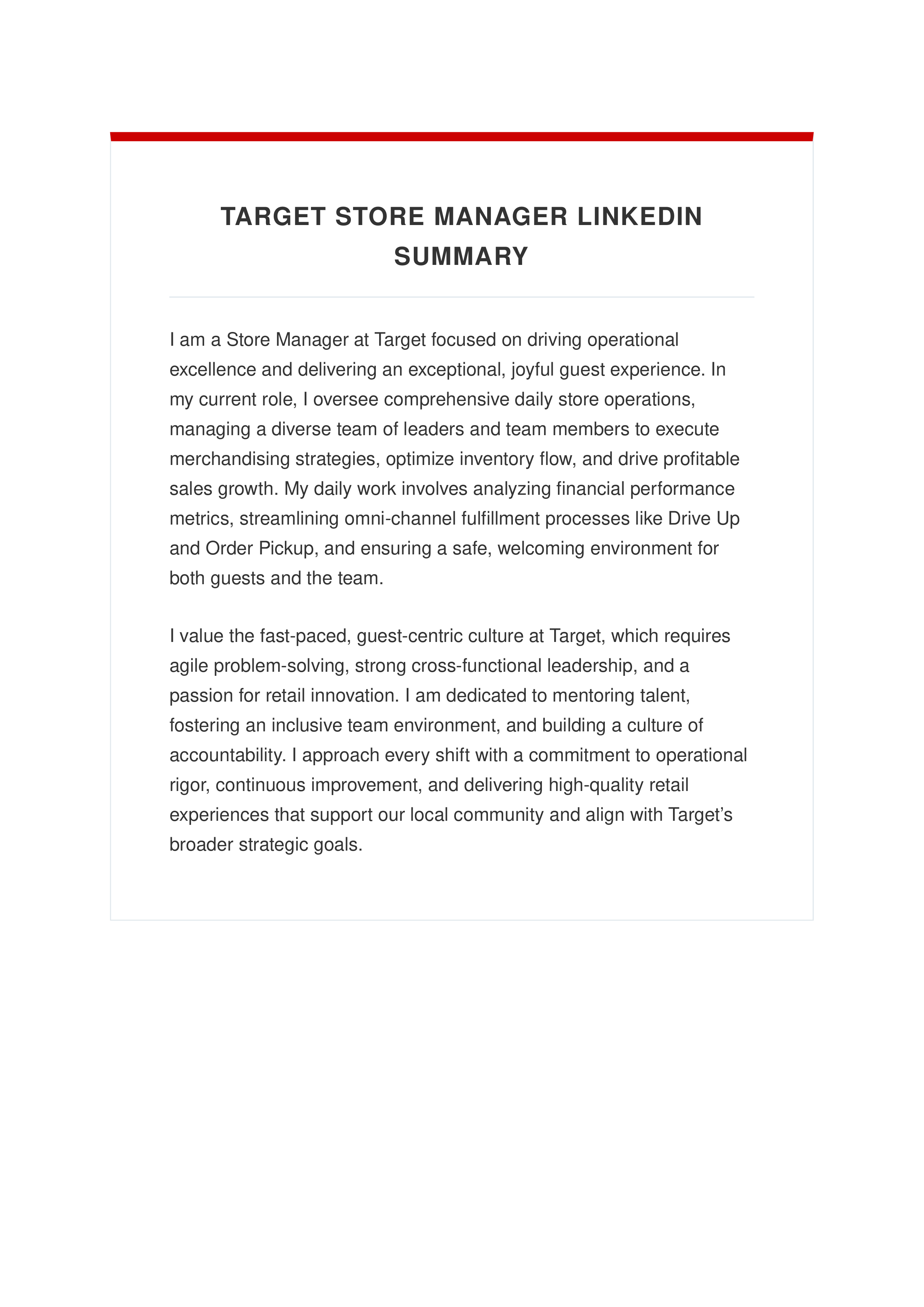 Target Store Manager LinkedIn Summary — page 1