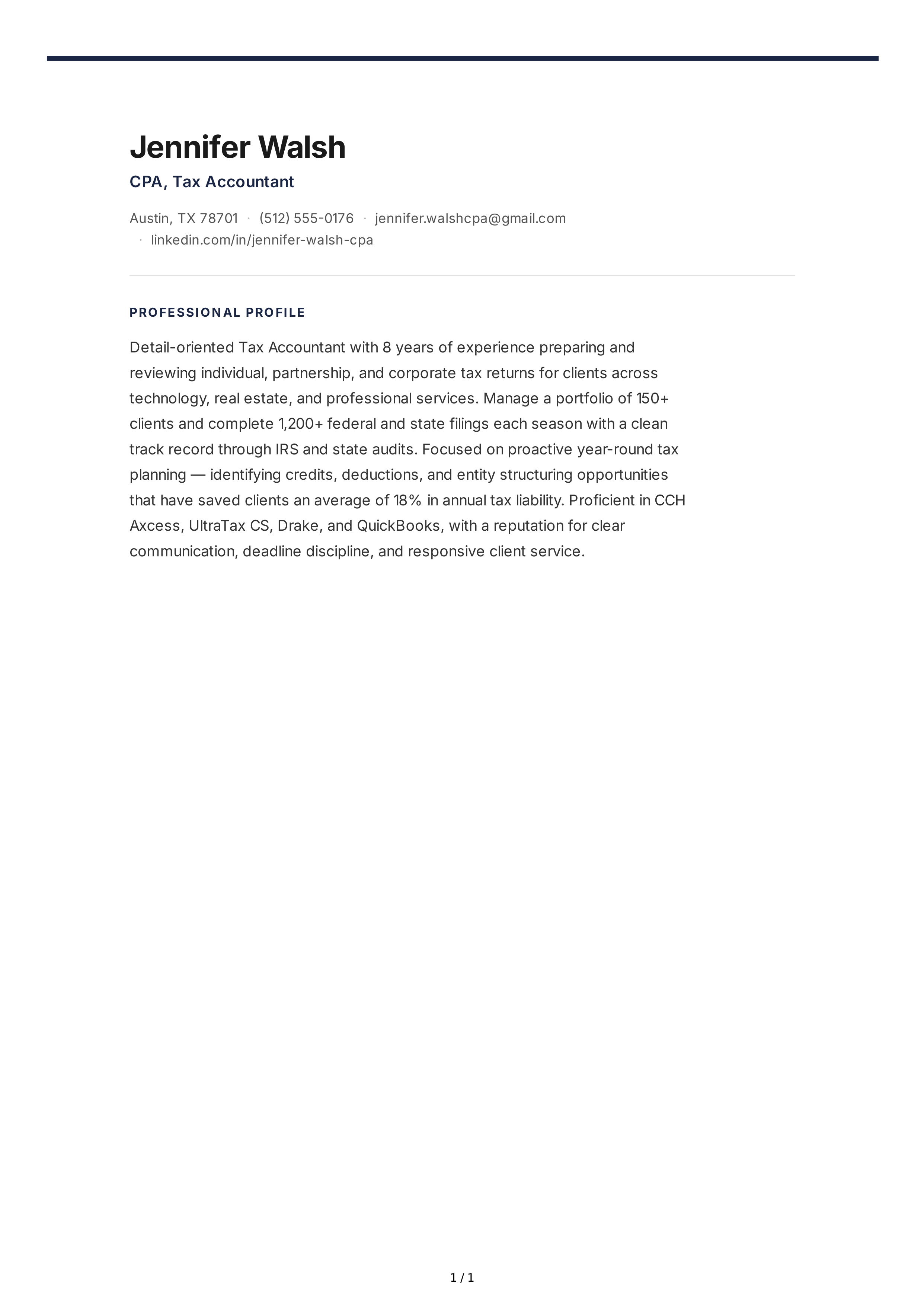 Tax Accountant Resume Profile — page 1