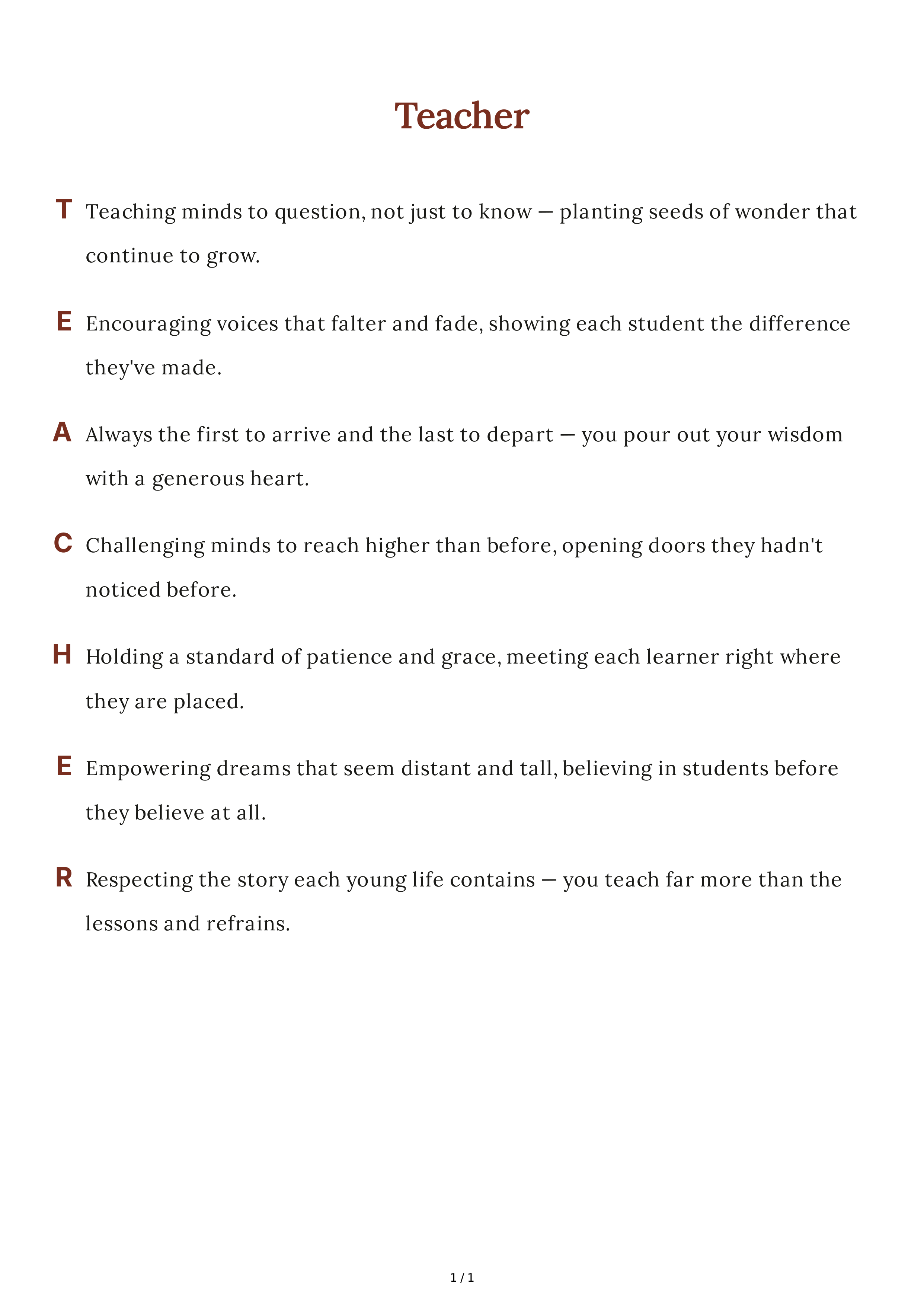 Teacher Acrostic Poem — page 1
