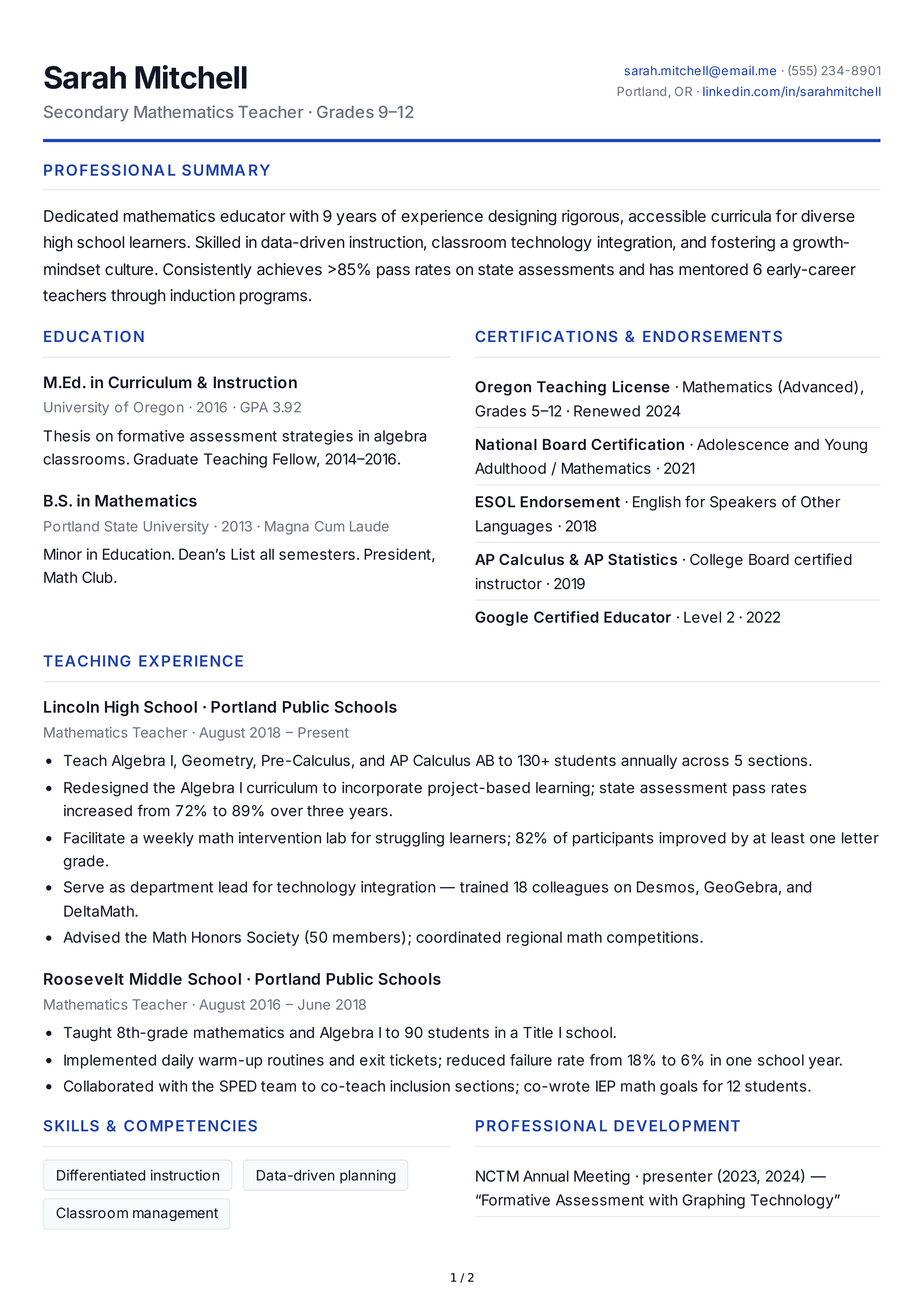 Teacher CV — page 1