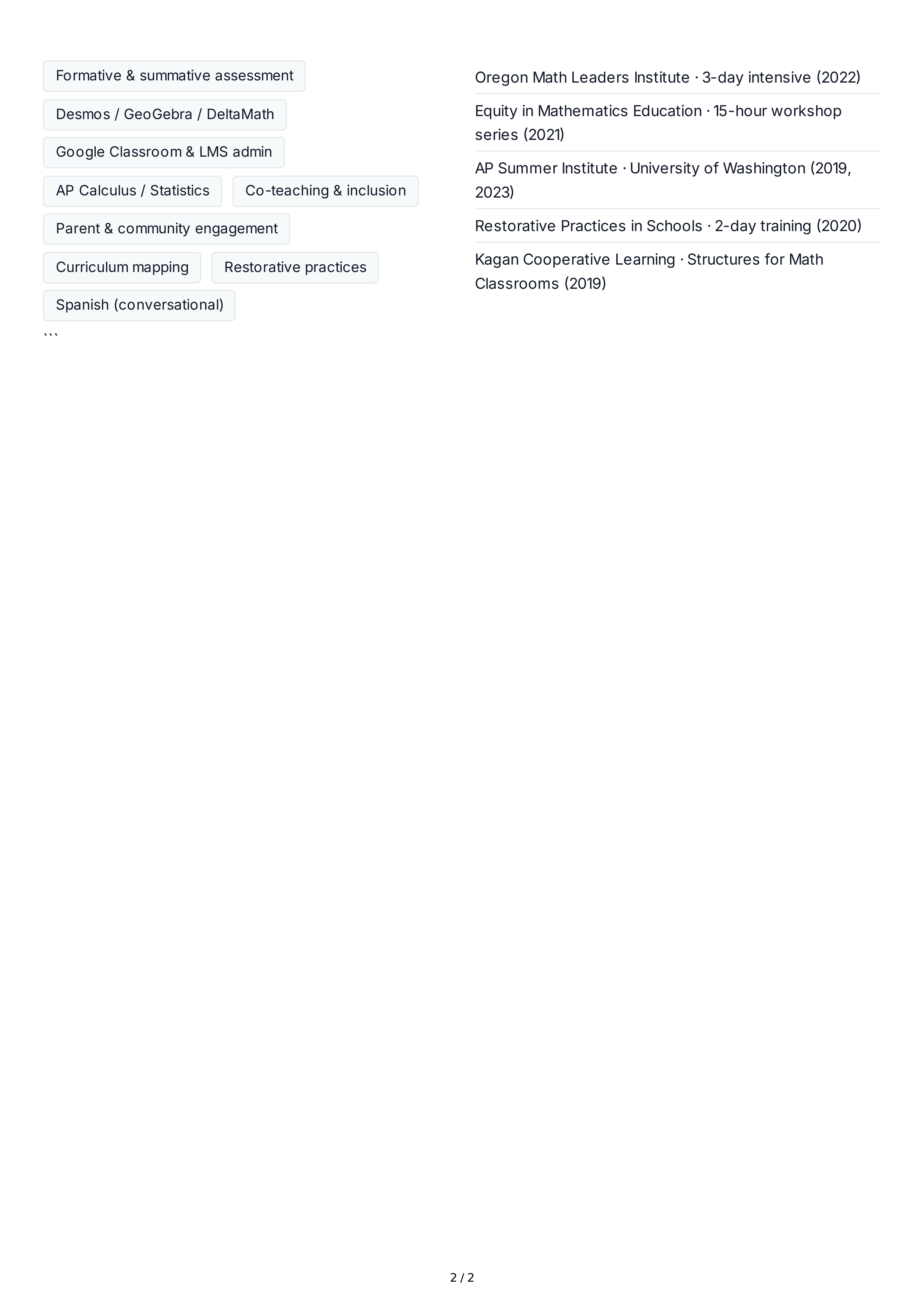 Teacher CV — page 2
