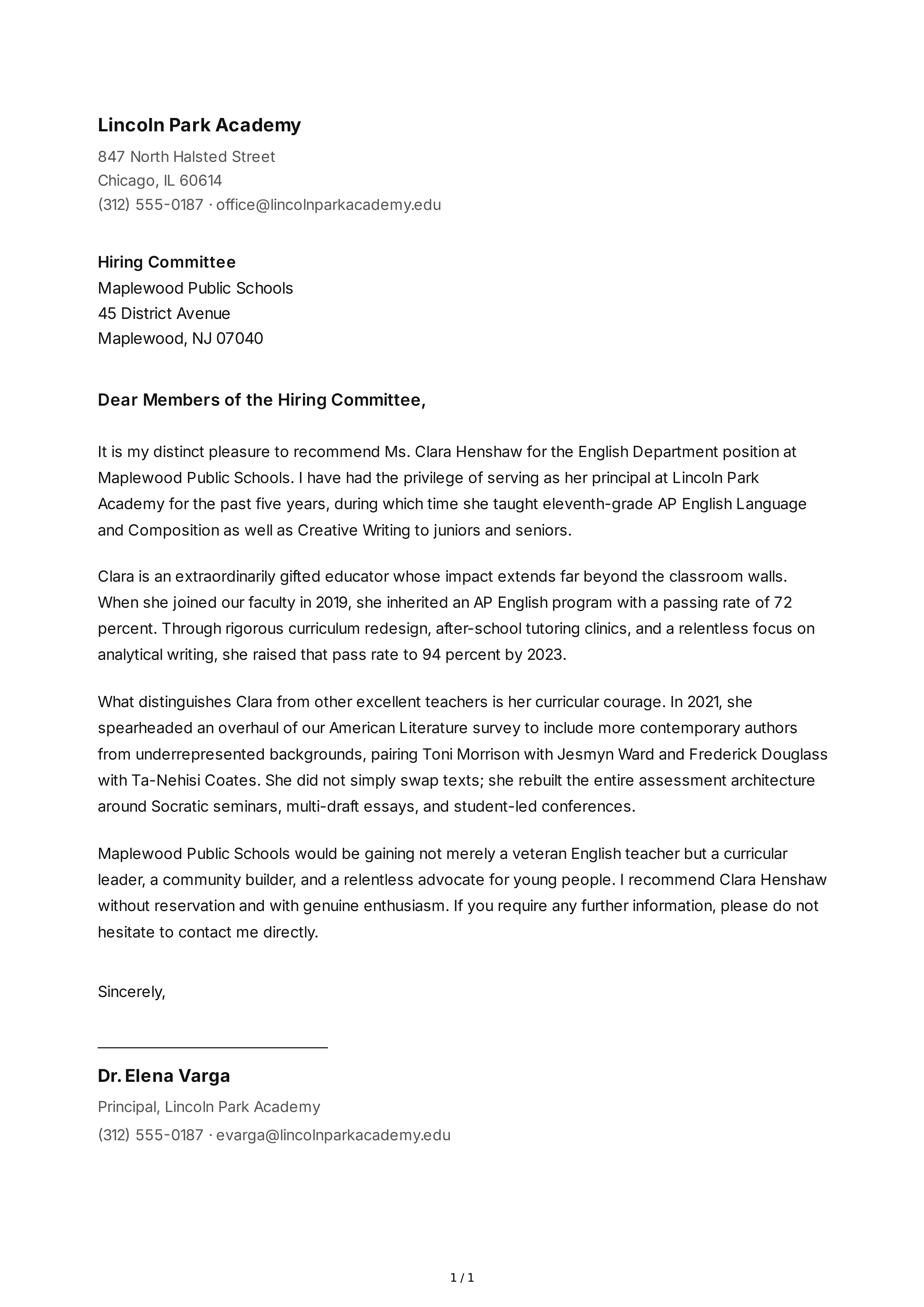 Teacher Reference Letter — page 1