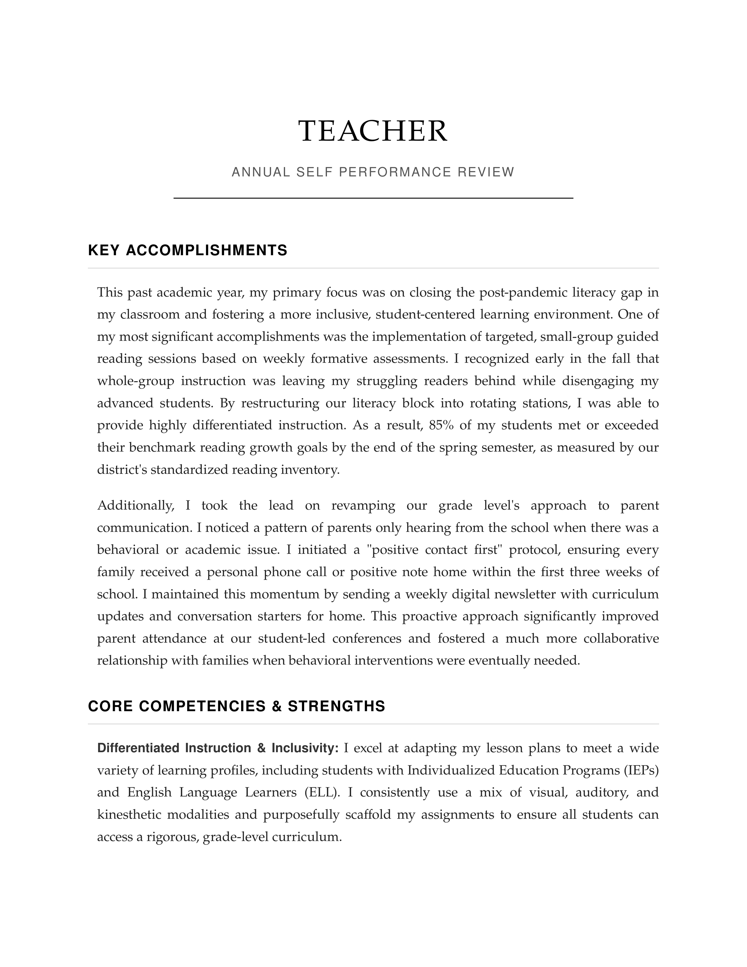 Teacher Self Performance Review — page 1