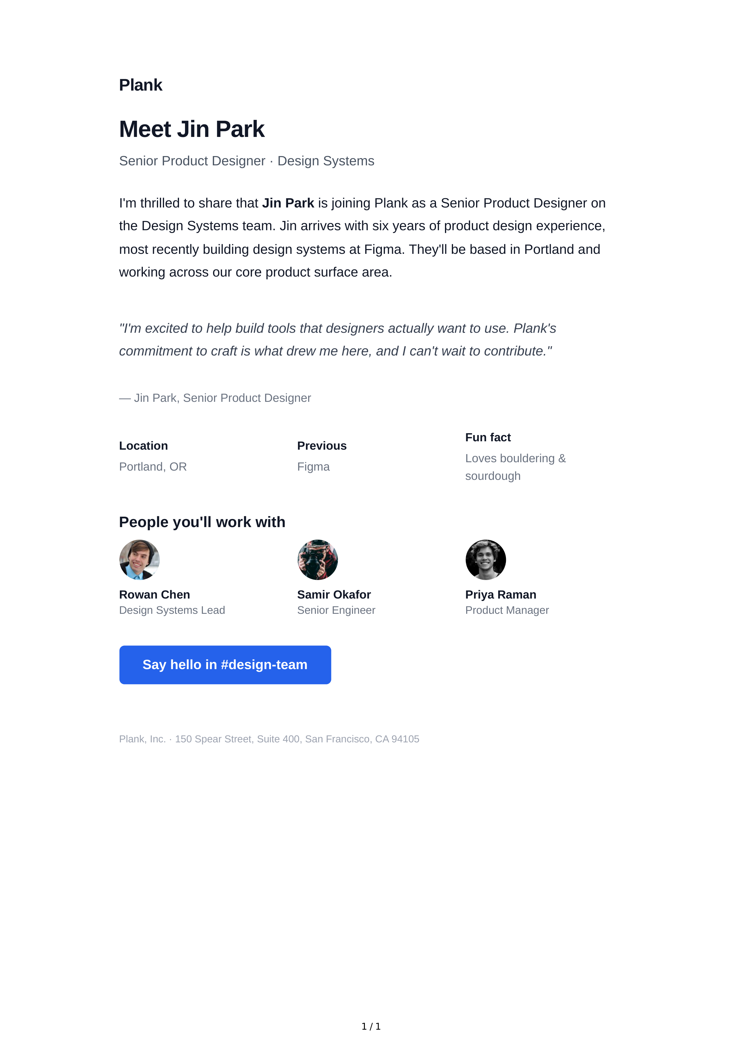 Team Introduction Email — page 1