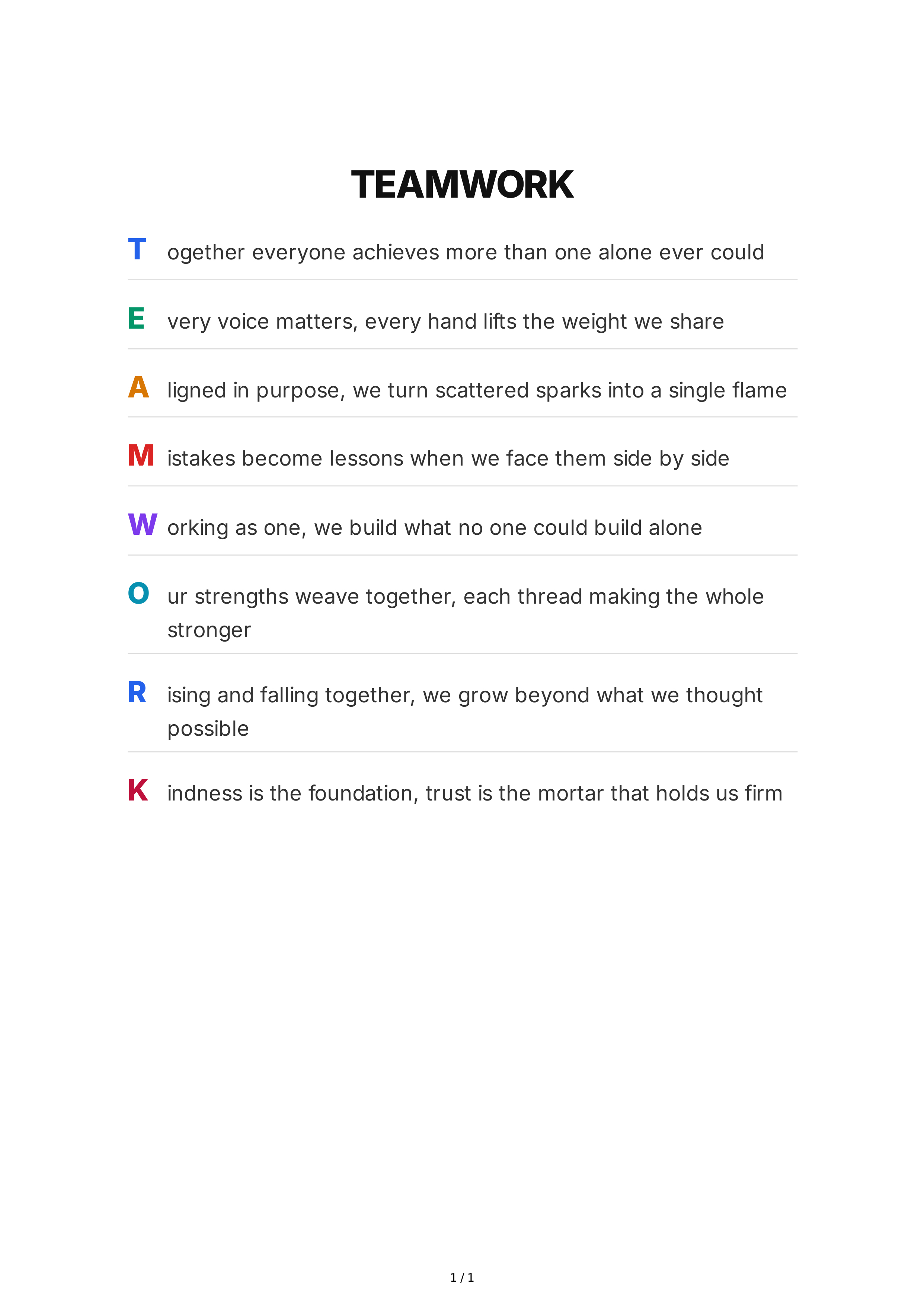 Teamwork Acrostic Poem — page 1