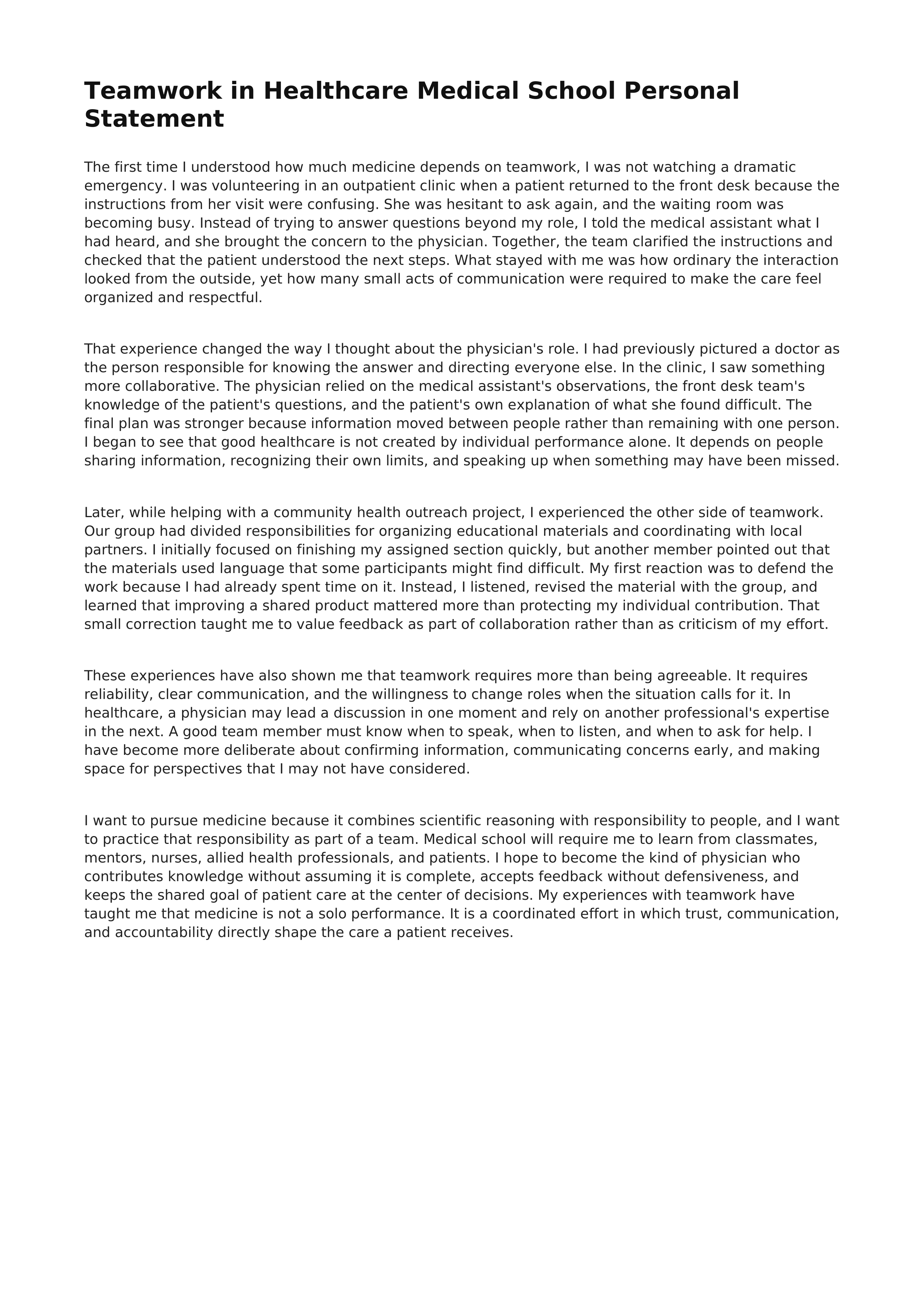 Teamwork in Healthcare Medical School Personal Statement — page 1