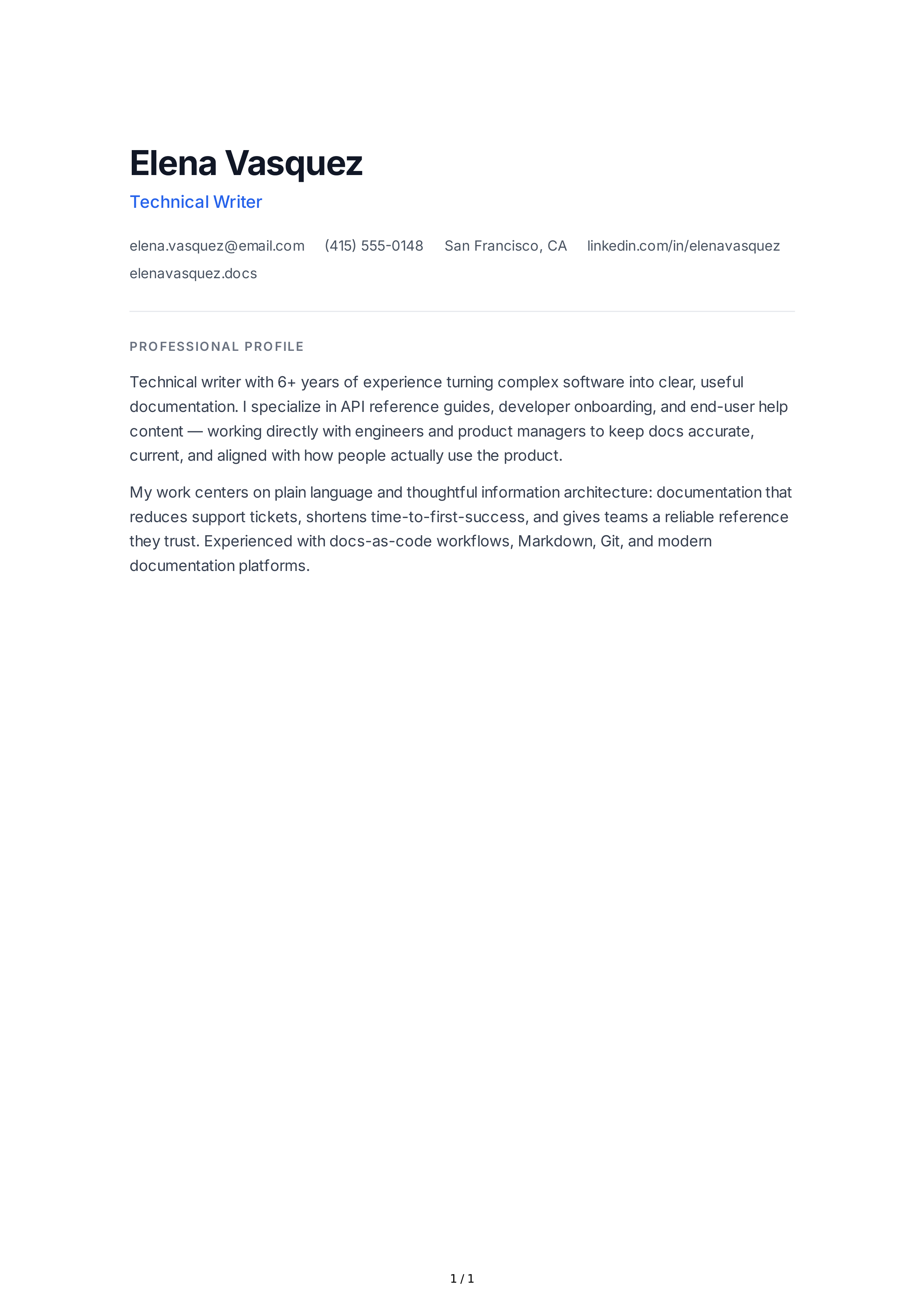 Technical Writer Resume Profile — page 1