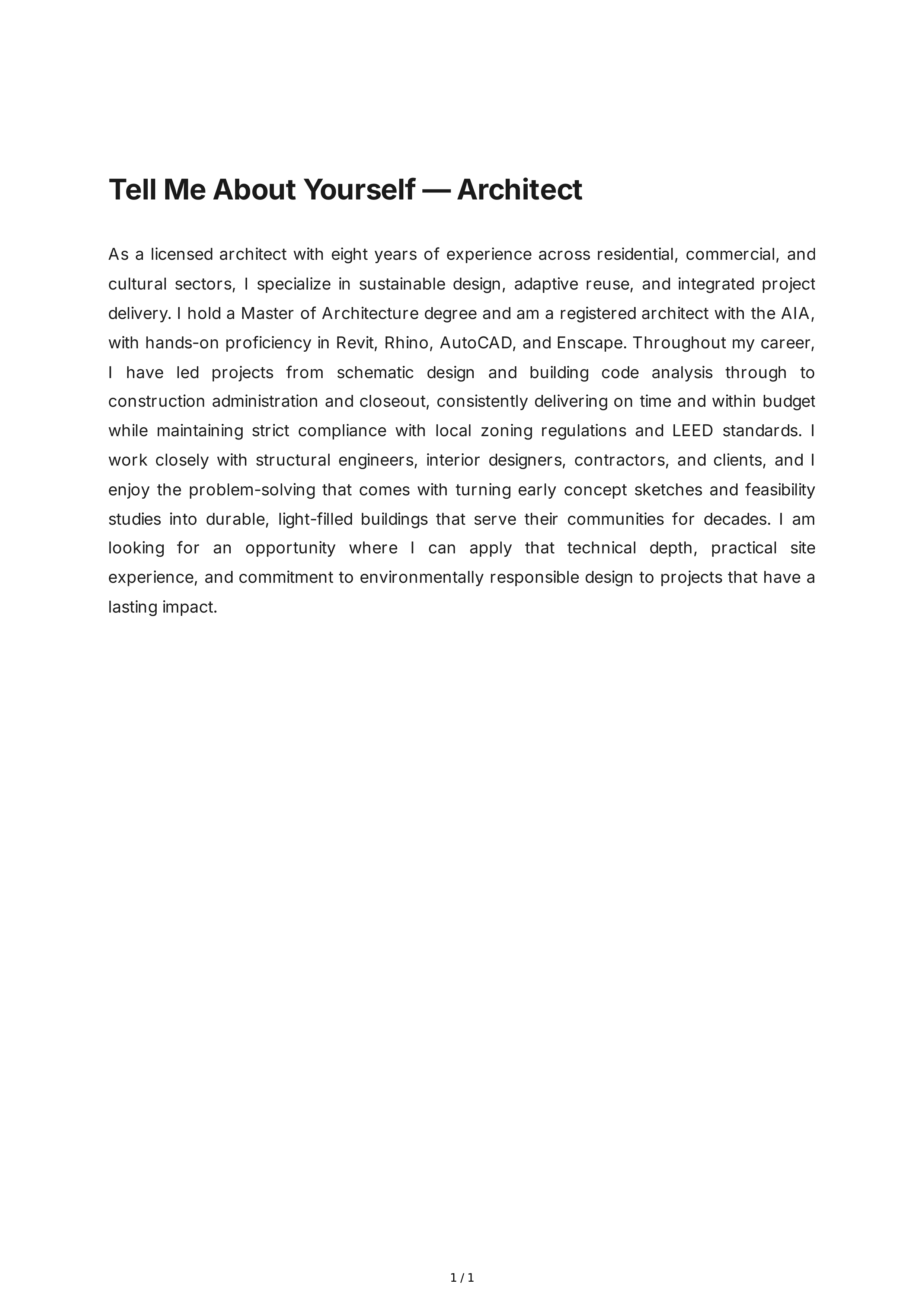 Tell Me About Yourself for Architect — page 1