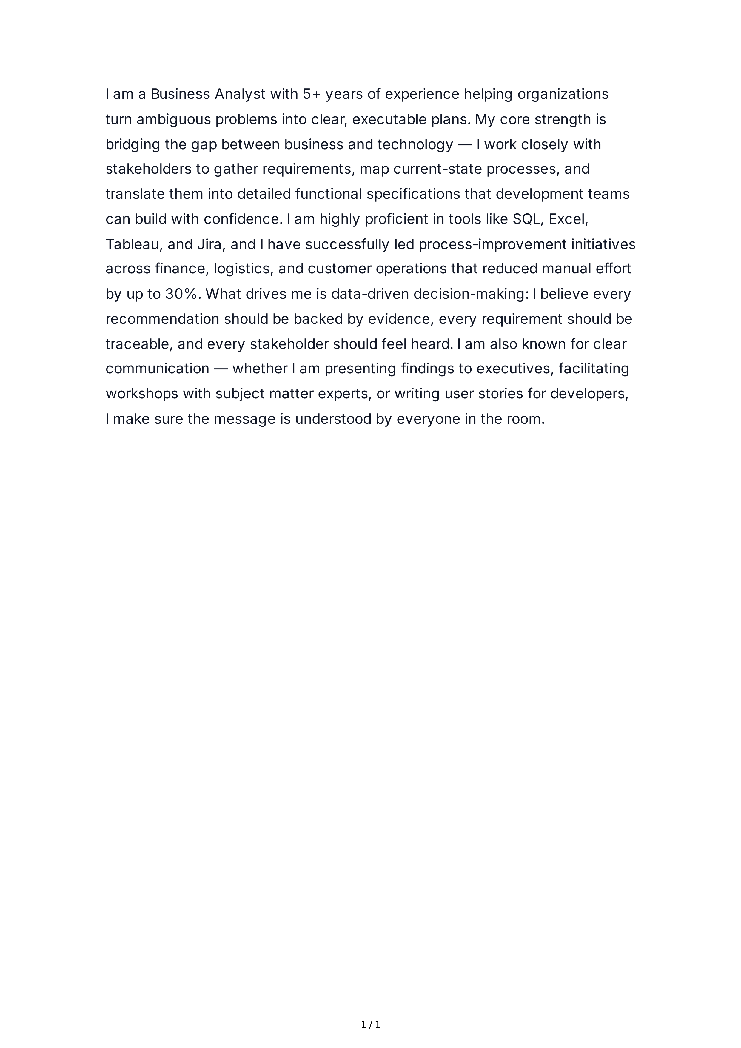 Tell Me About Yourself for Business Analyst — page 1