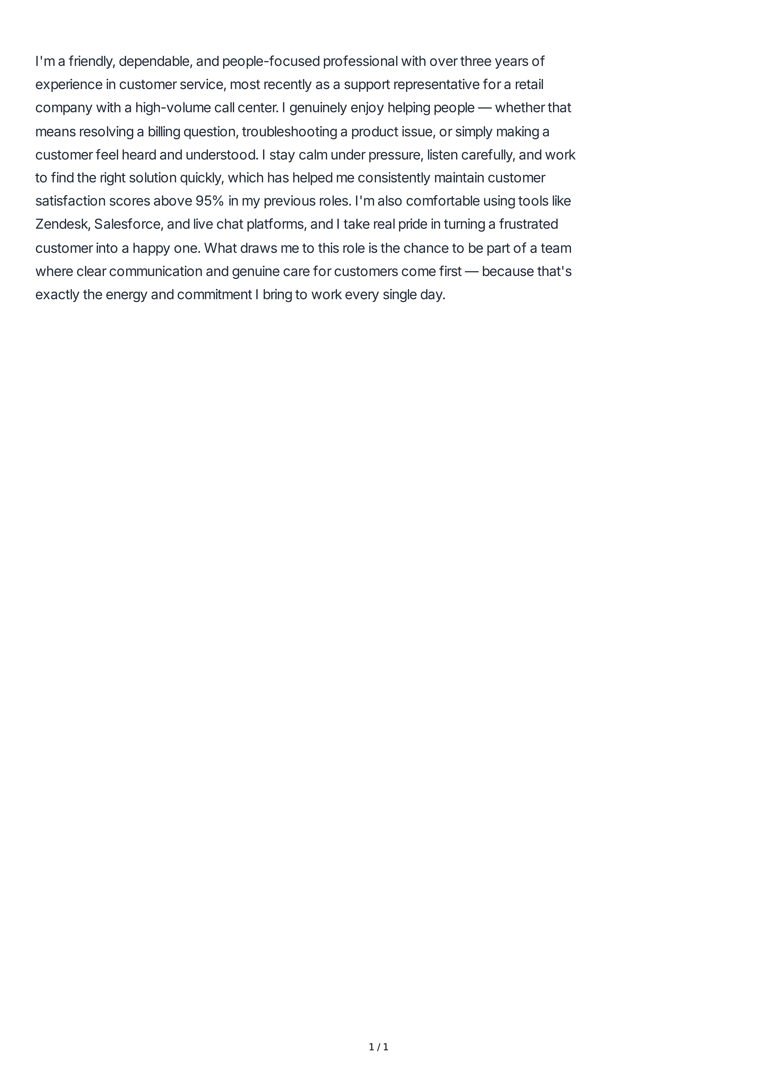 Tell Me About Yourself for Customer Service Representative — page 1