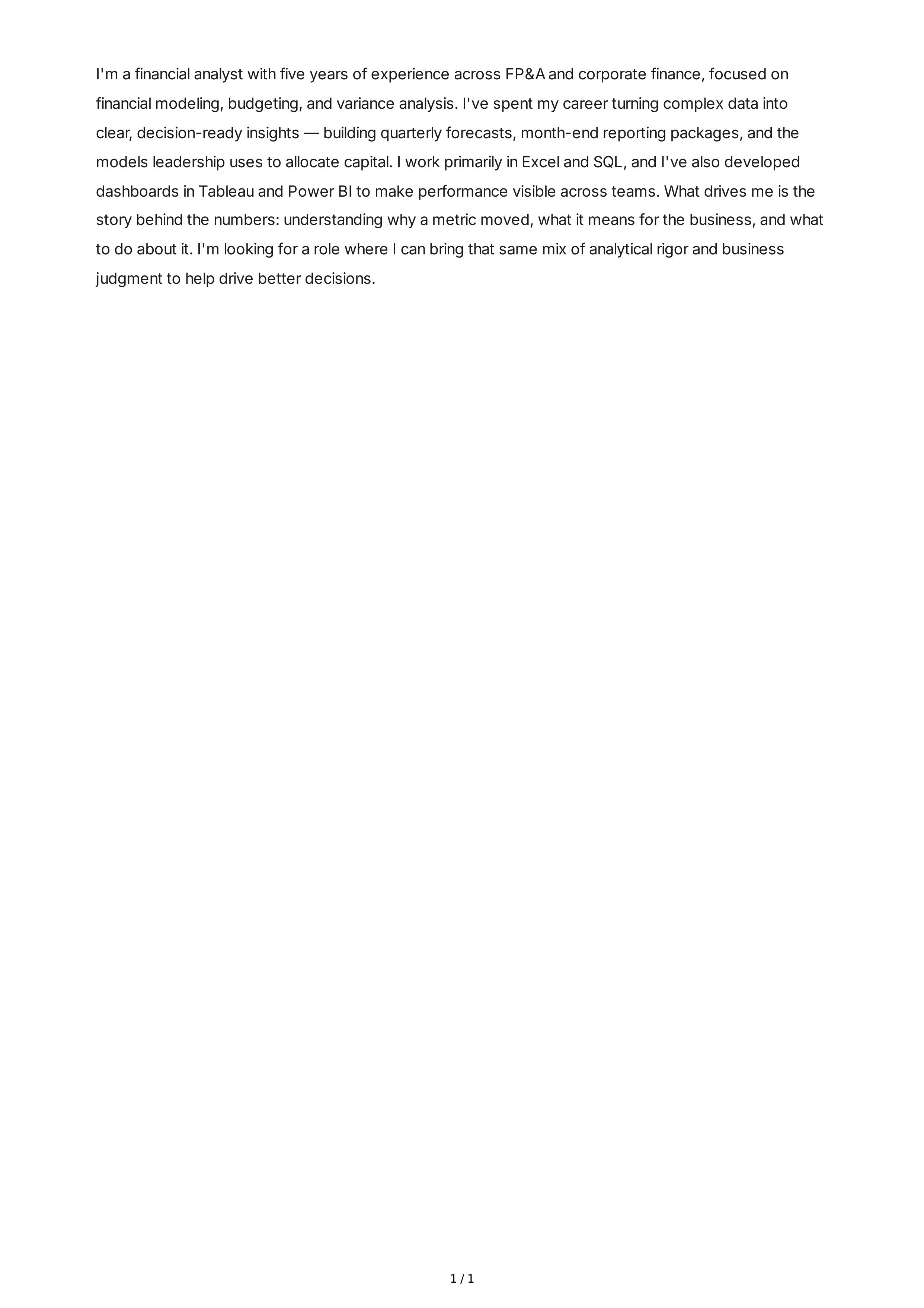 Tell Me About Yourself for Financial Analyst — page 1