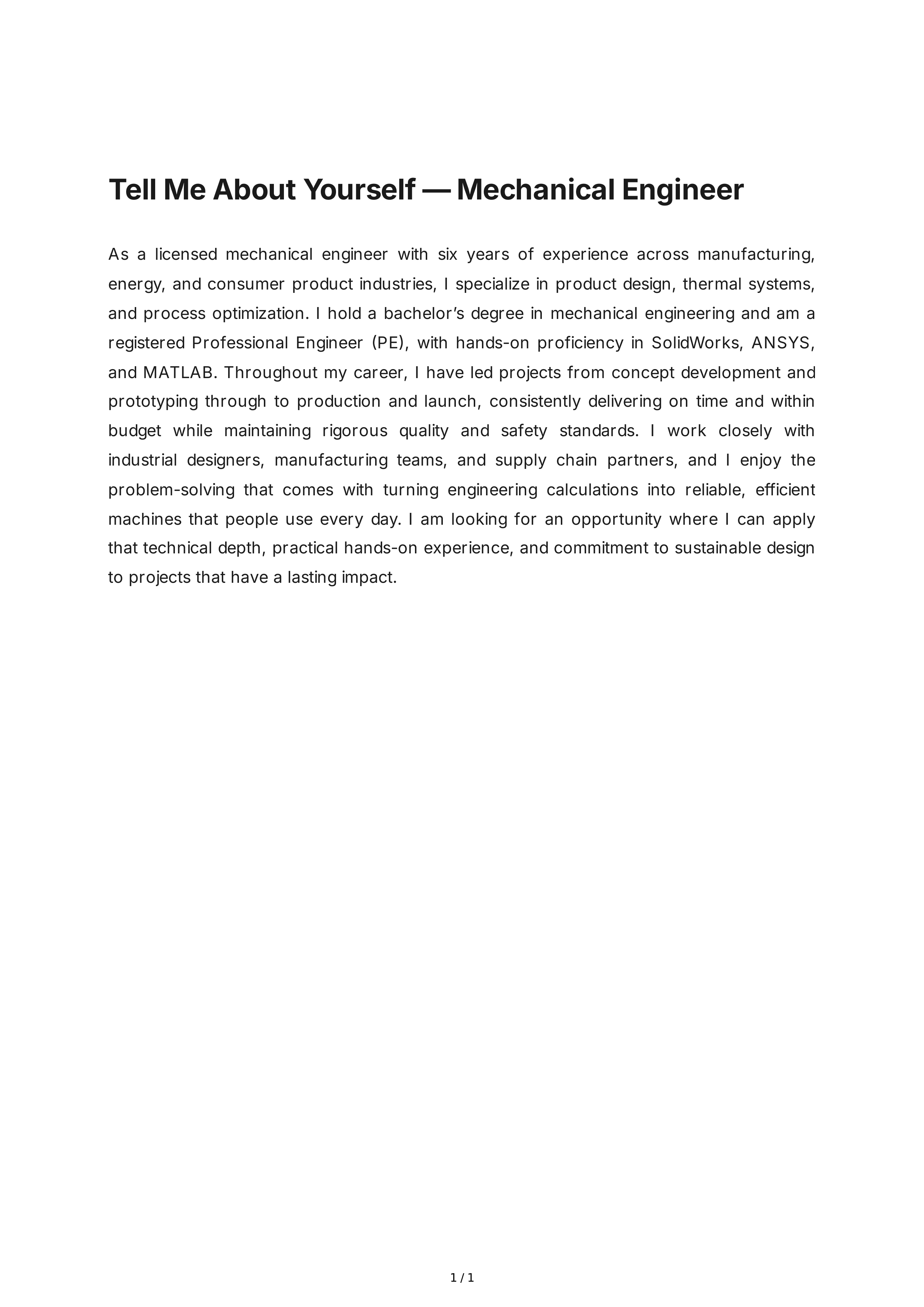 Tell Me About Yourself for Mechanical Engineer — page 1