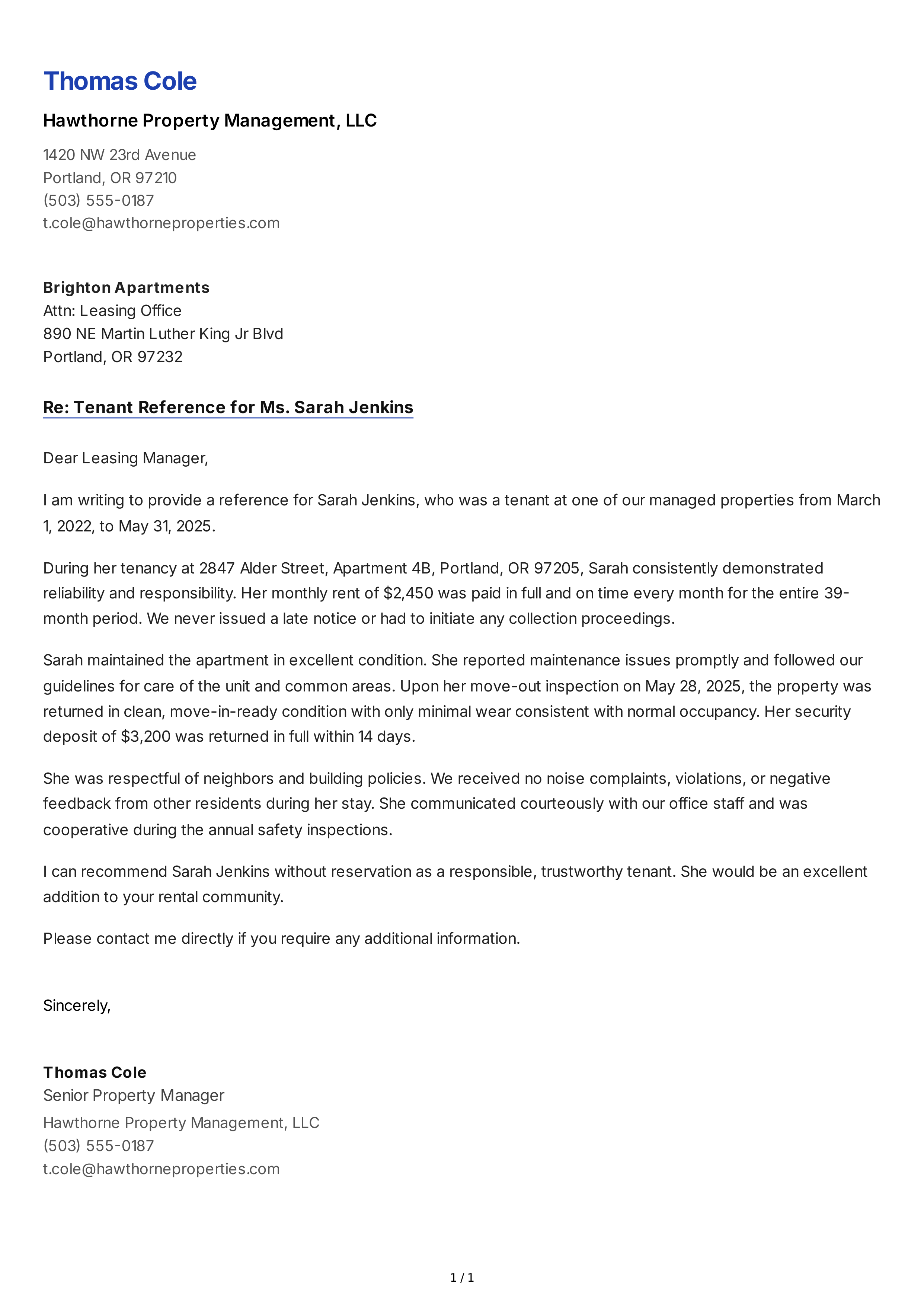 Tenant Reference Letter — page 1
