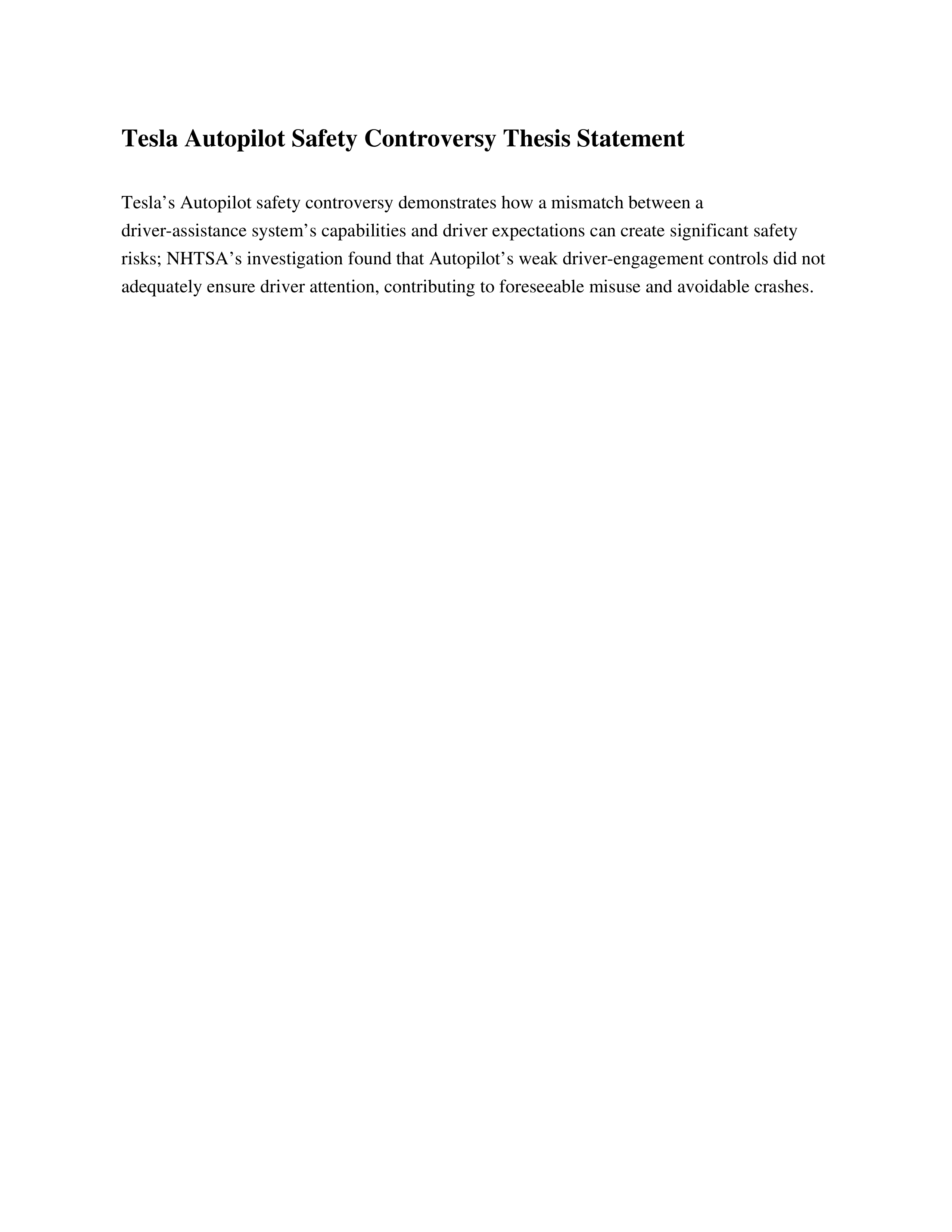 Tesla Autopilot Safety Controversy Thesis Statement — page 1