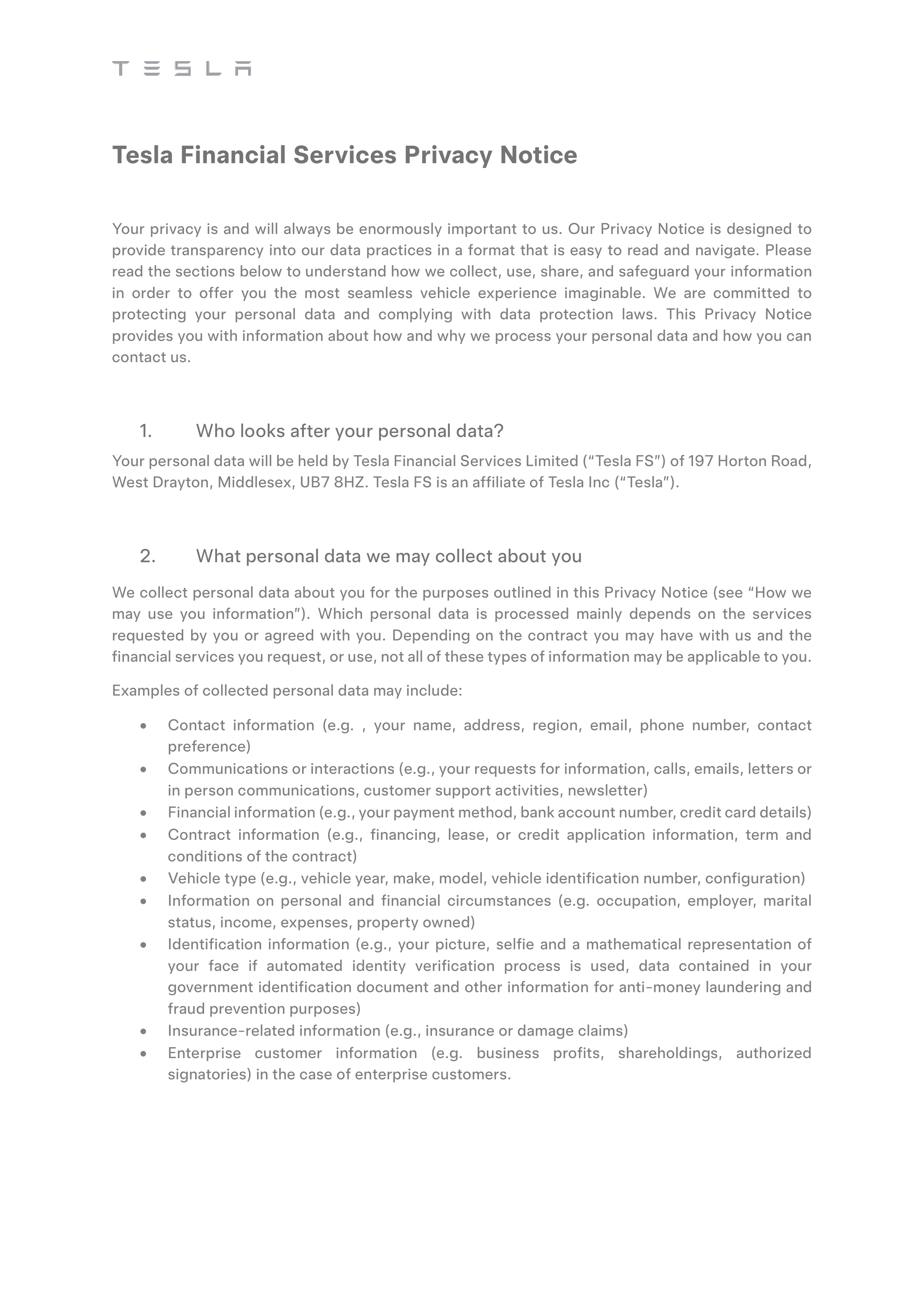 Tesla Financial Services Privacy Notice — page 1