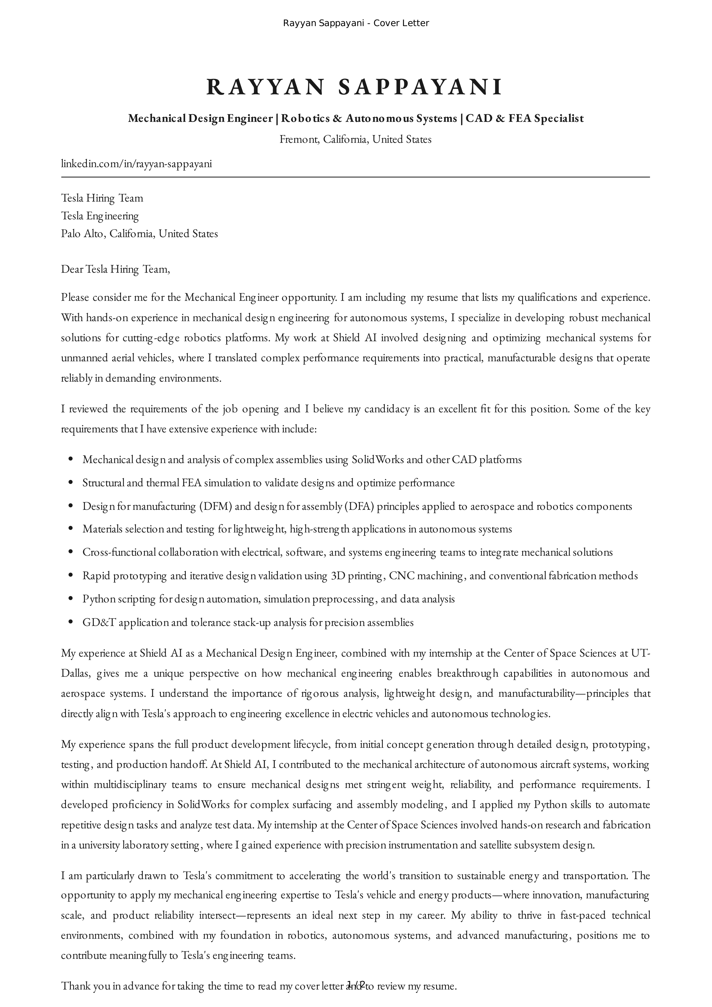 Tesla Mechanical Engineer Cover Letter — page 1