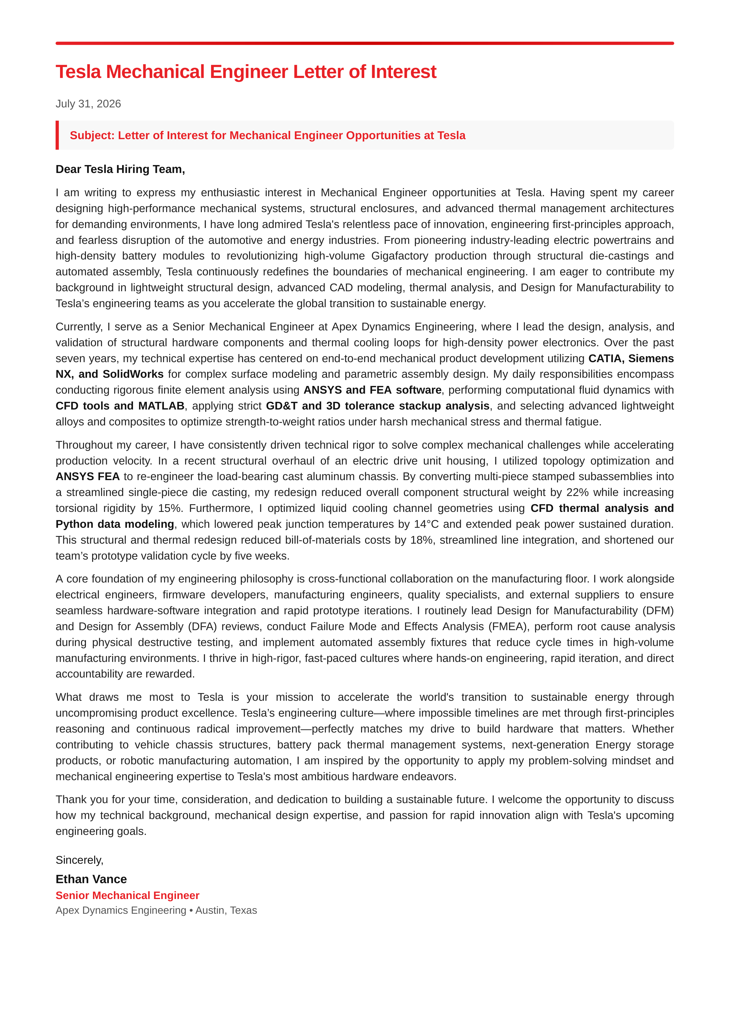 Tesla Mechanical Engineer Letter of Interest — page 1