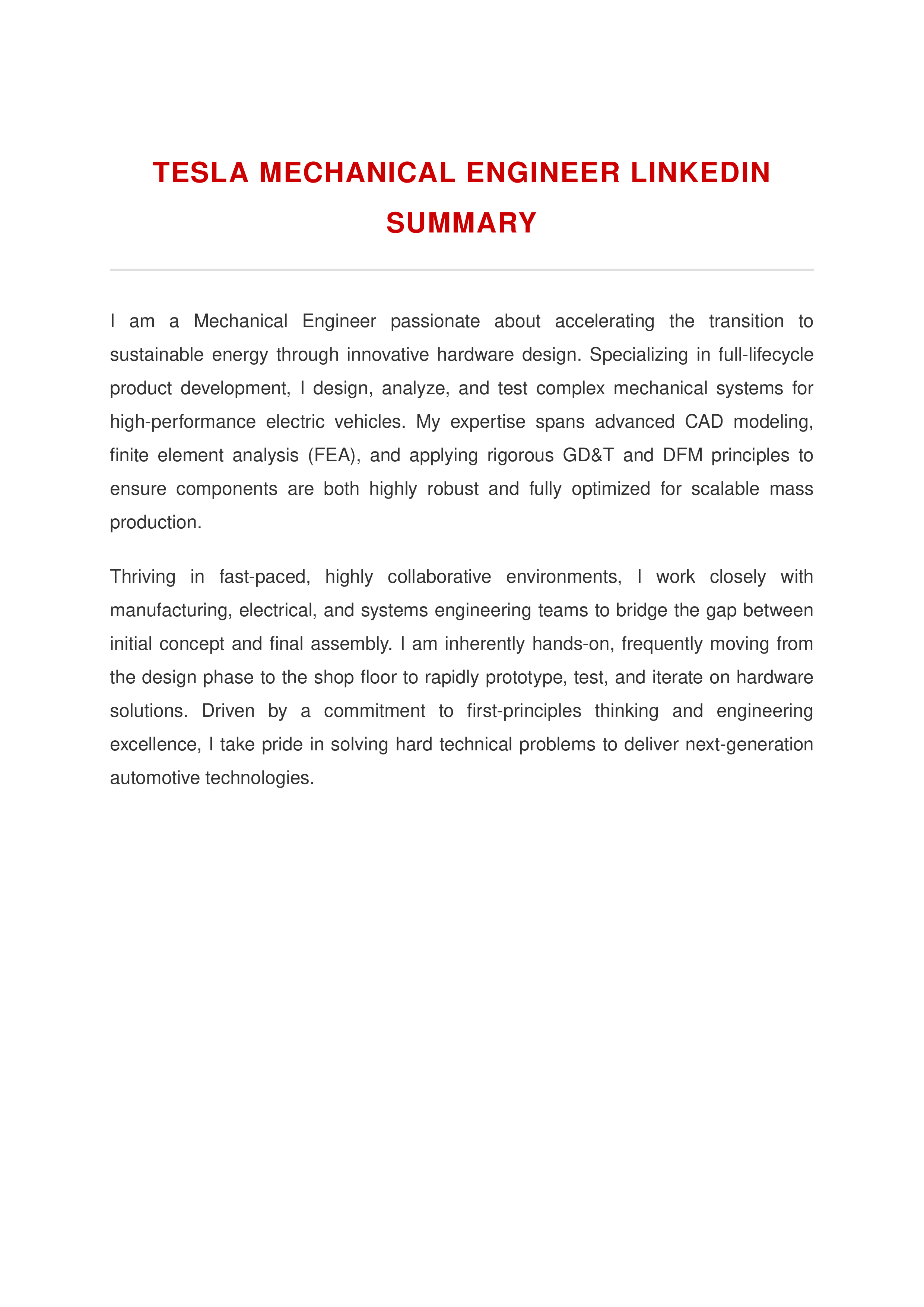 Tesla Mechanical Engineer LinkedIn Summary — page 1