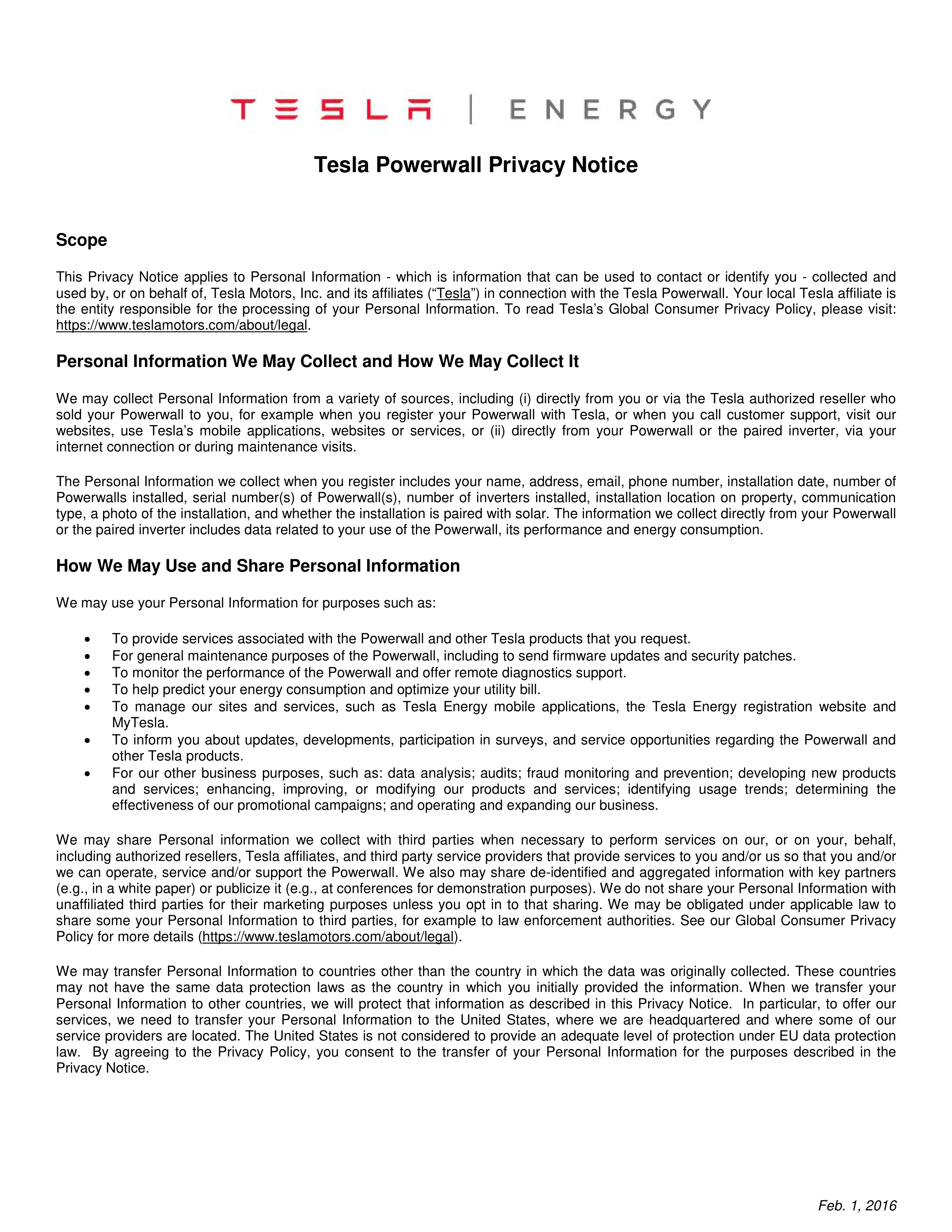 Tesla Powerwall Privacy Notice — page 1