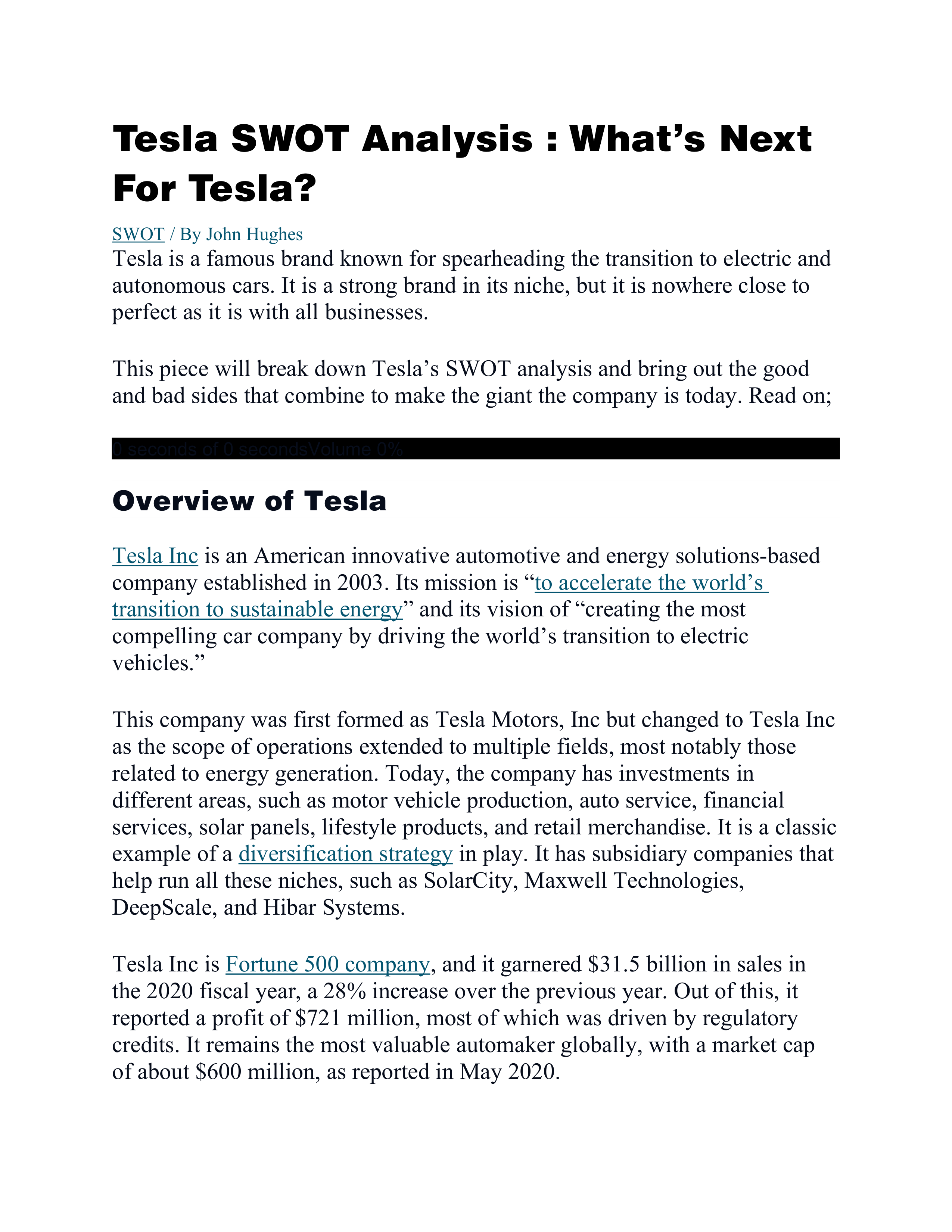 Tesla Swot Analysis  — page 1