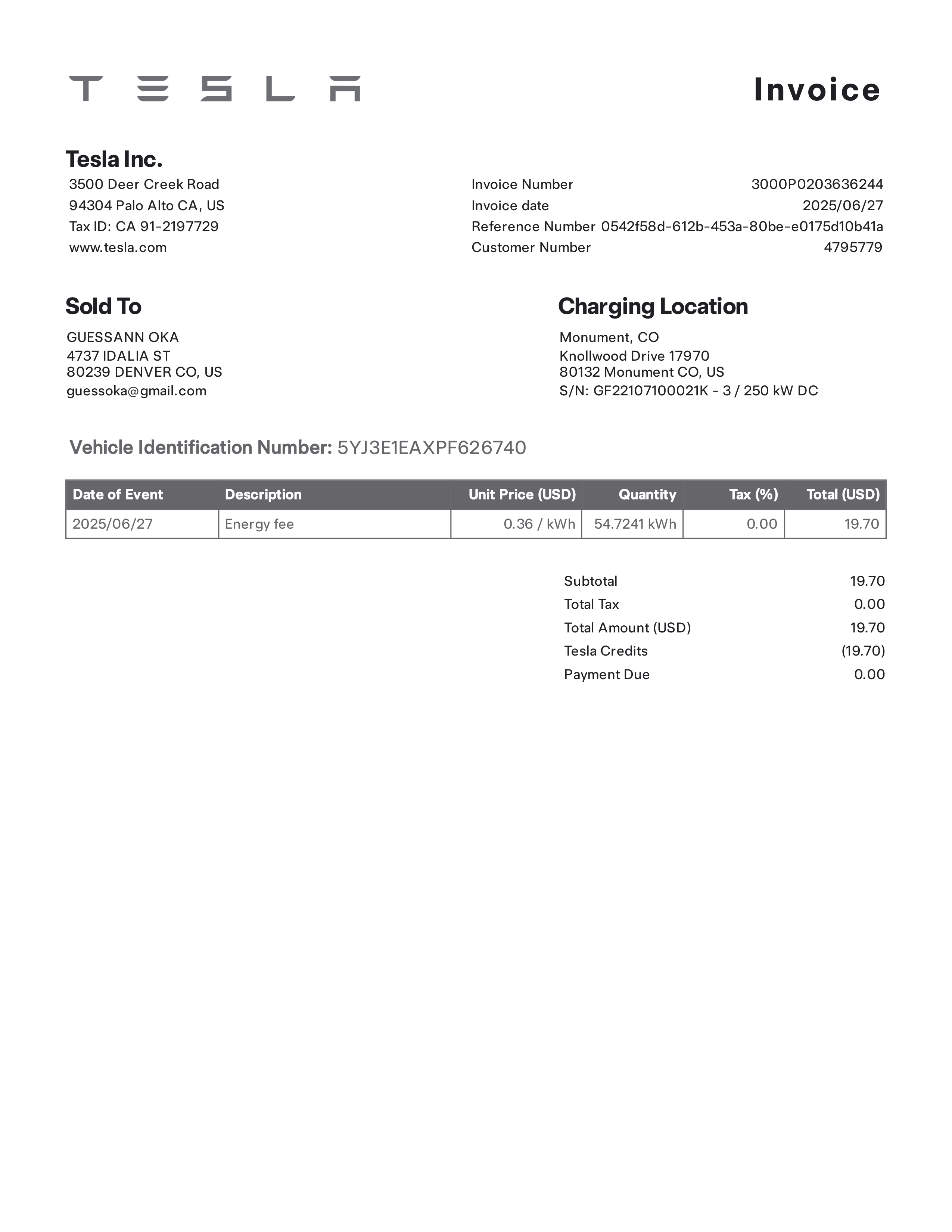 Tesla Supercharging Invoice — page 1