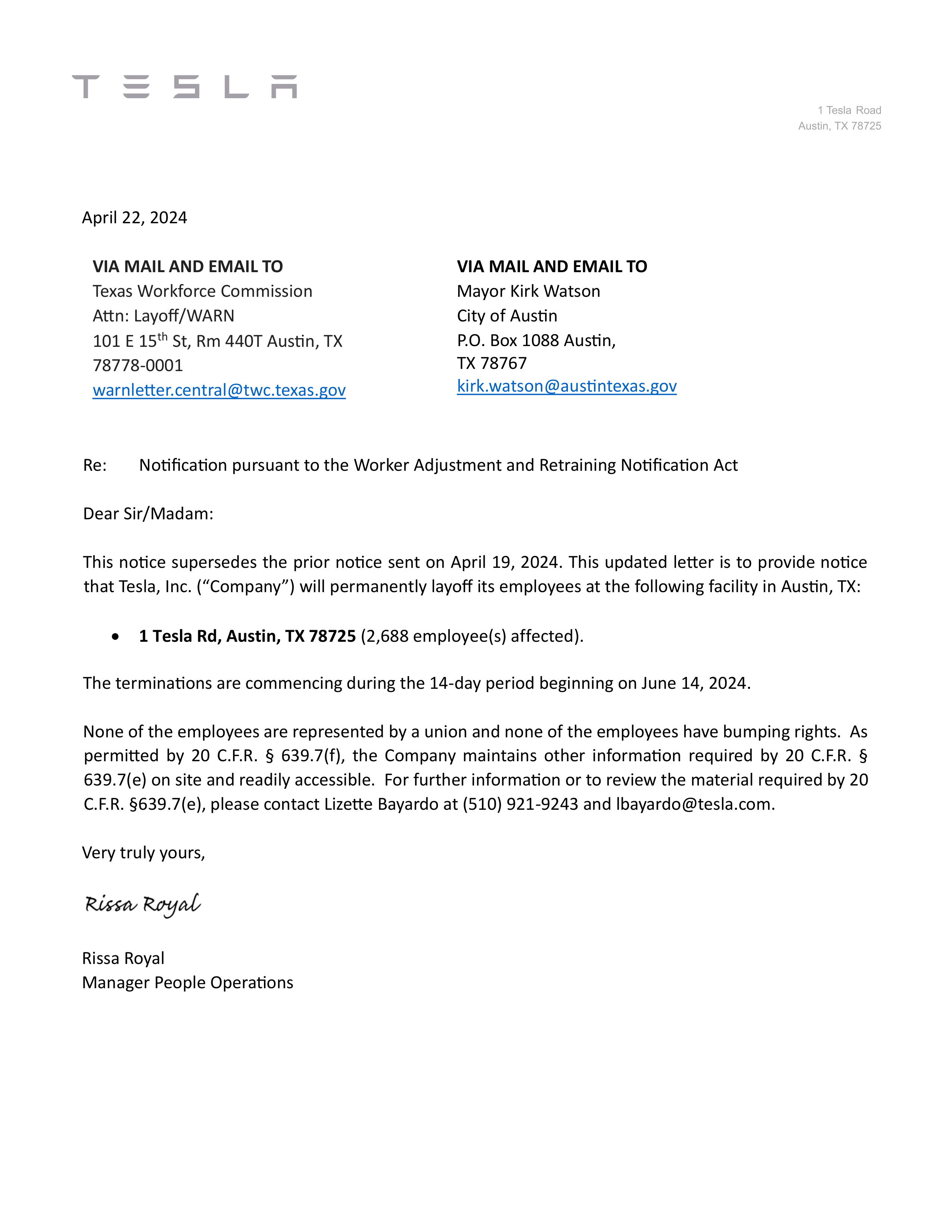 Tesla WARN Notice — page 1