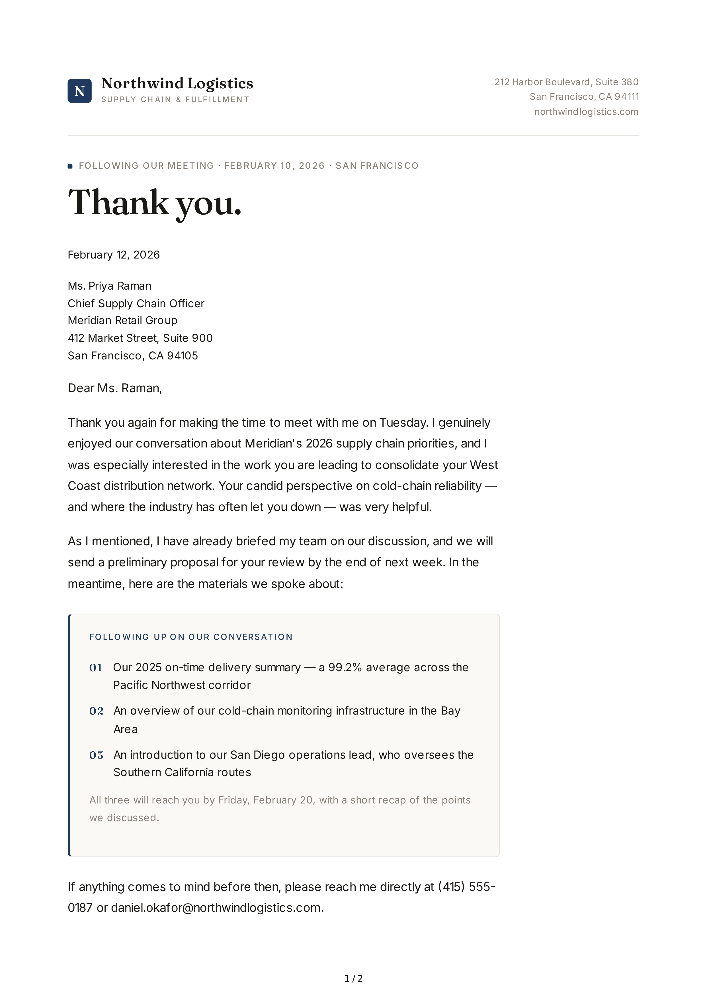 Thank You Note After a Business Meeting — page 1
