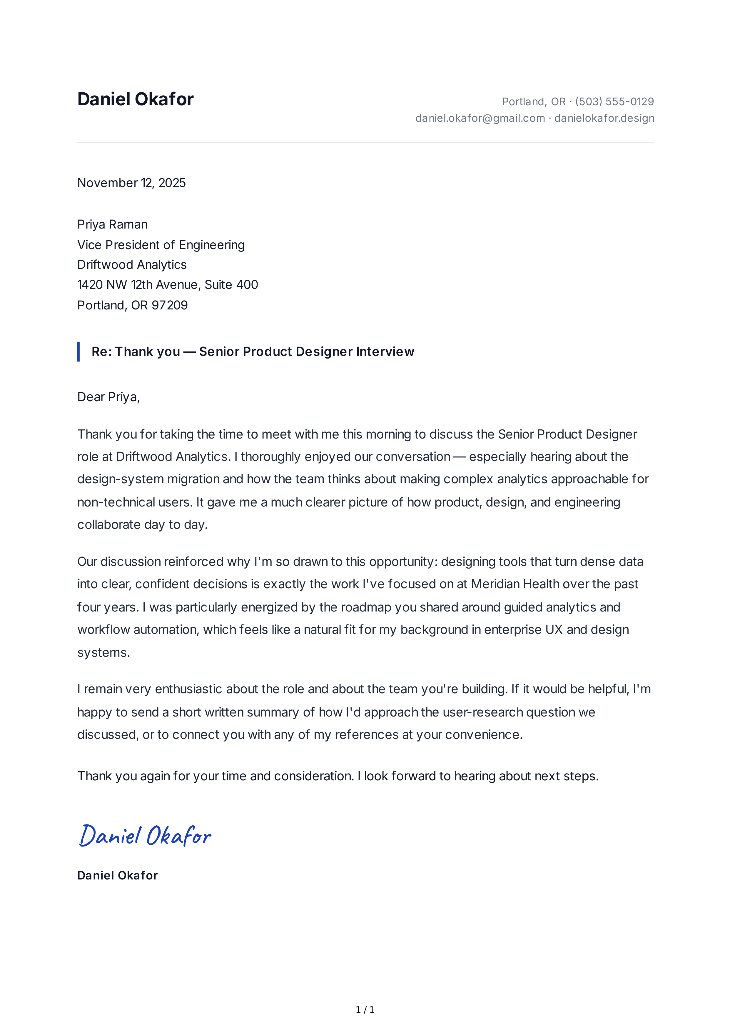 Thank You Note After an Interview — page 1