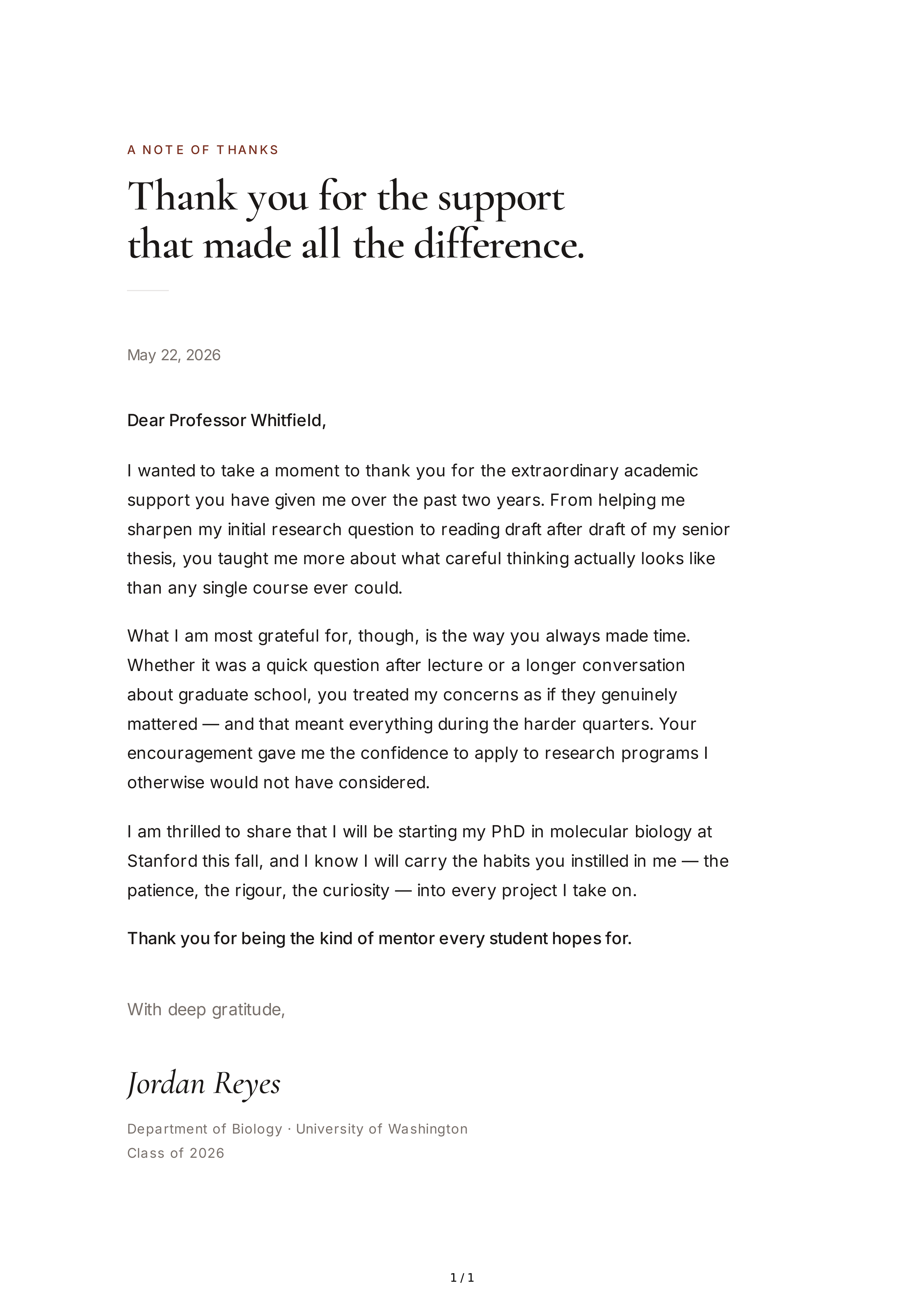 Thank You Note for Academic Support — page 1