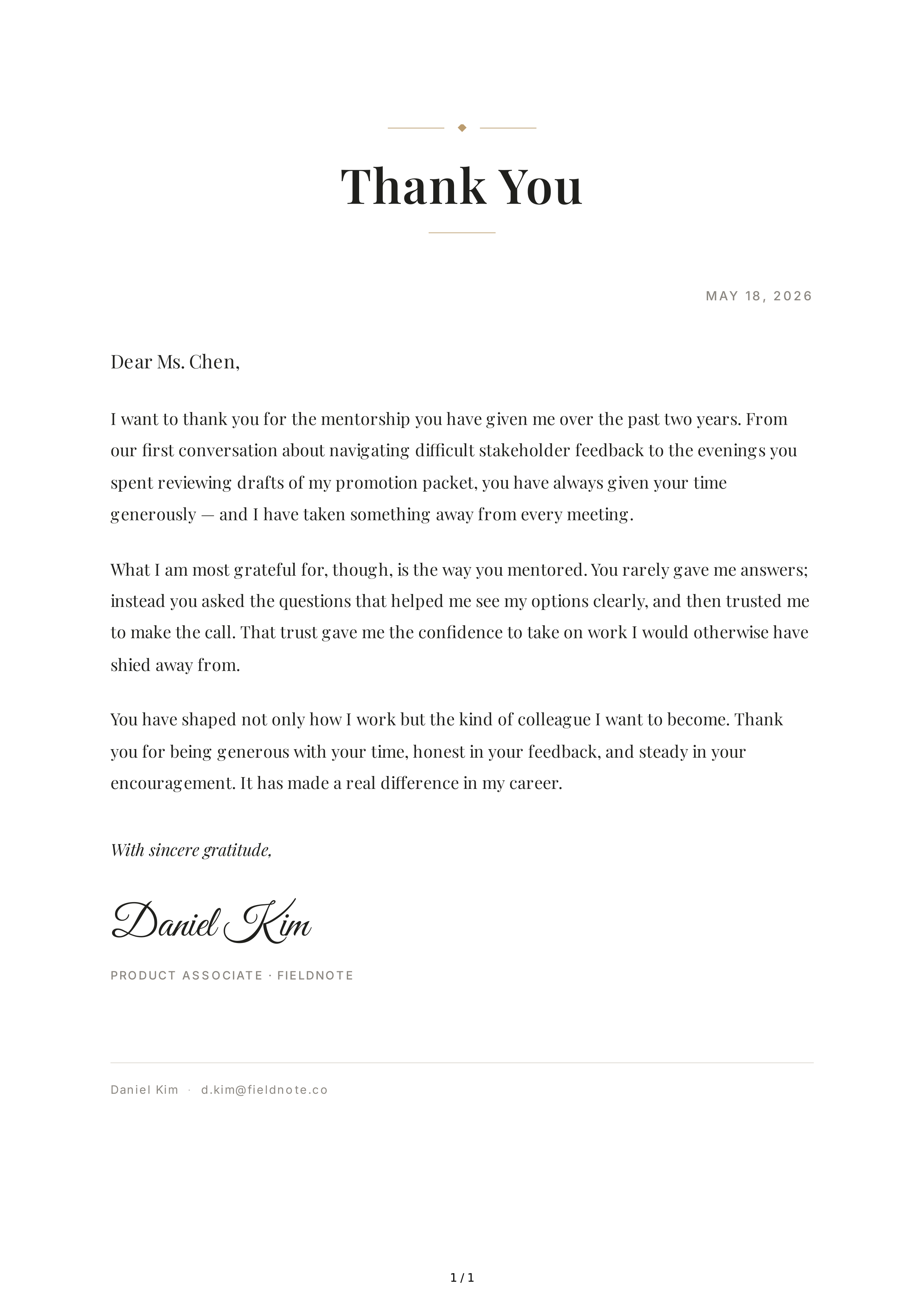Thank You Note for Mentorship — page 1