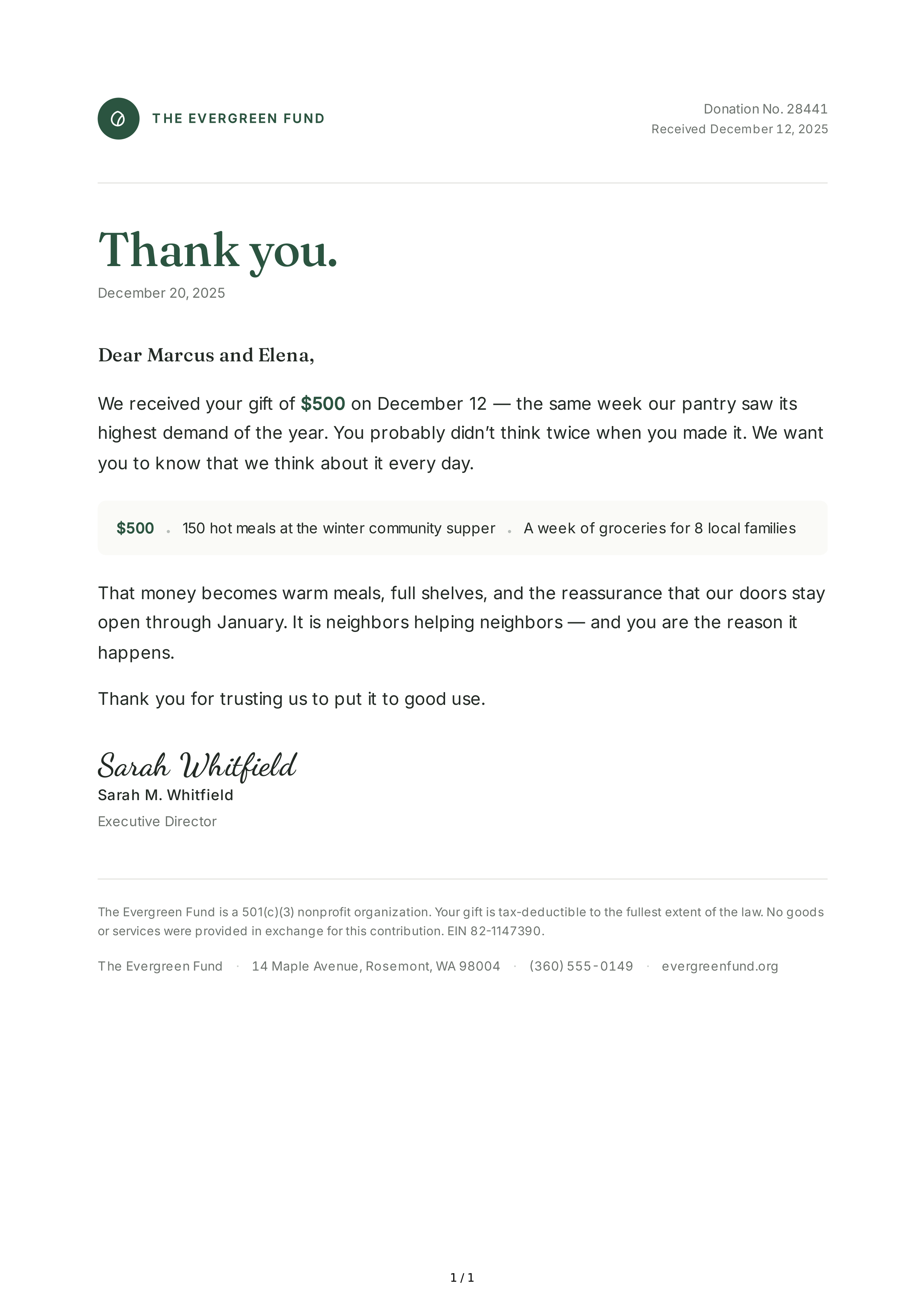 Thank You Note for a Donation — page 1