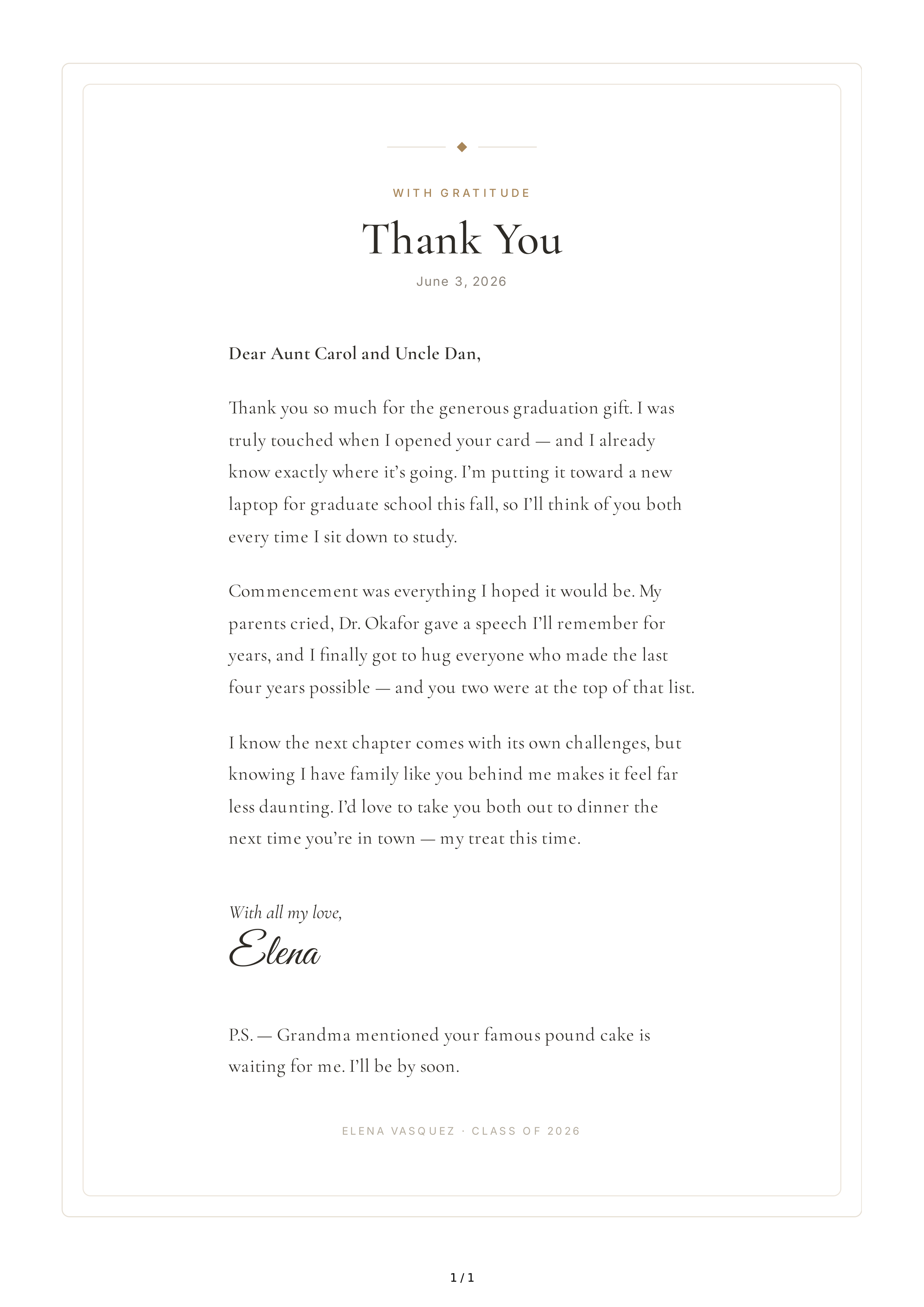 Thank You Note for a Graduation Gift — page 1