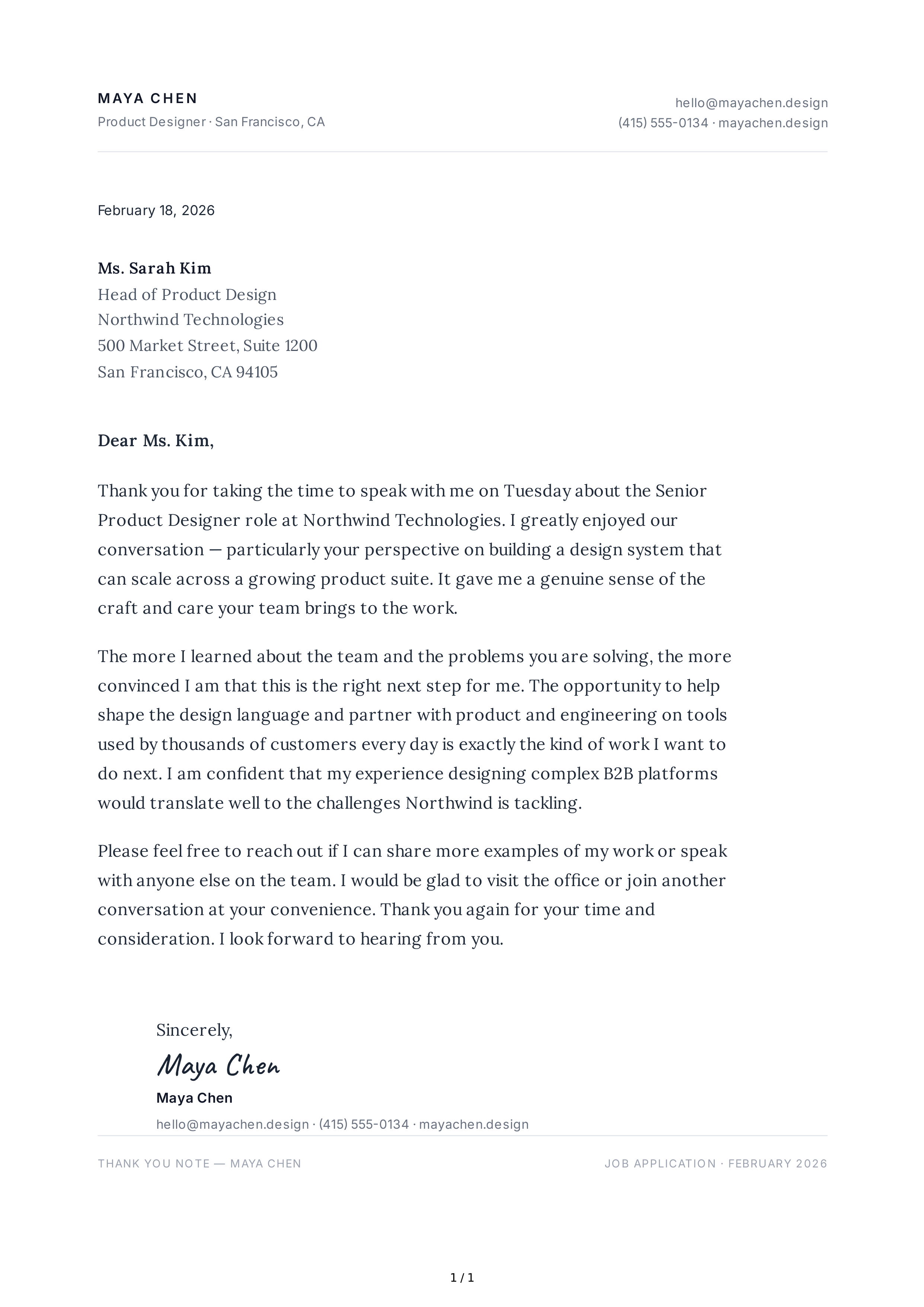 Thank You Note for a Job Opportunity — page 1