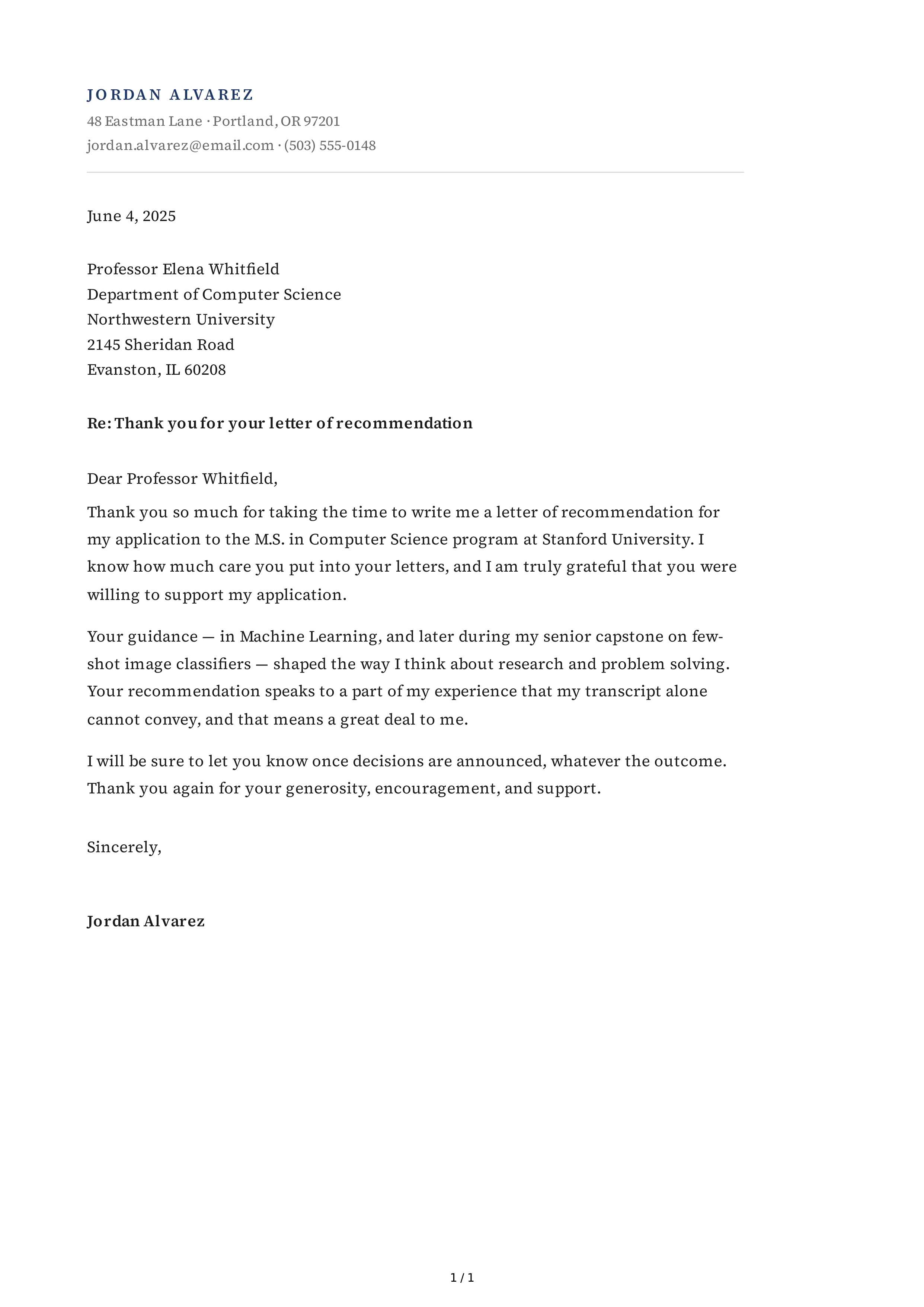 Thank You Note for a Recommendation Letter — page 1