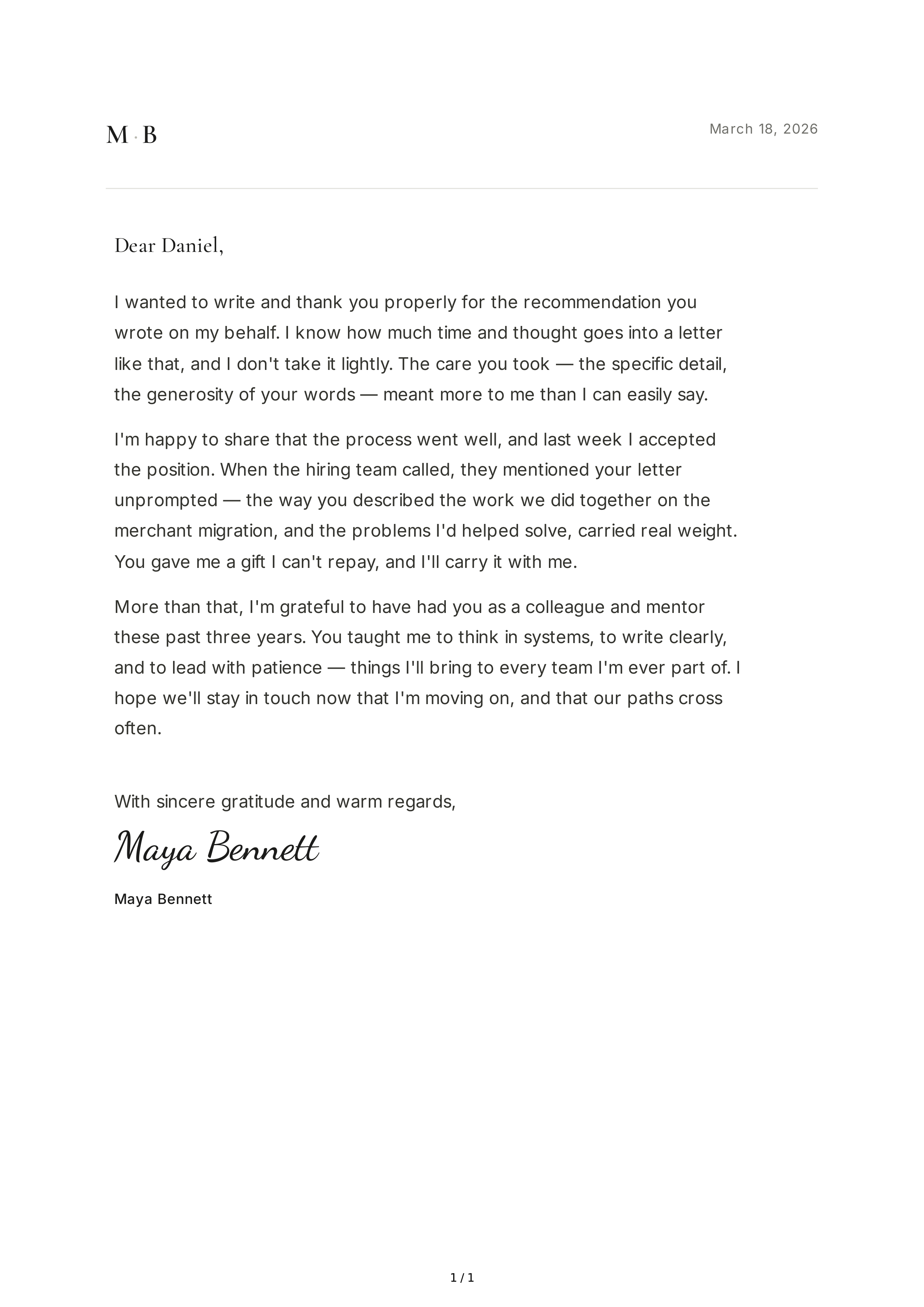 Thank You Note for a Recommendation — page 1