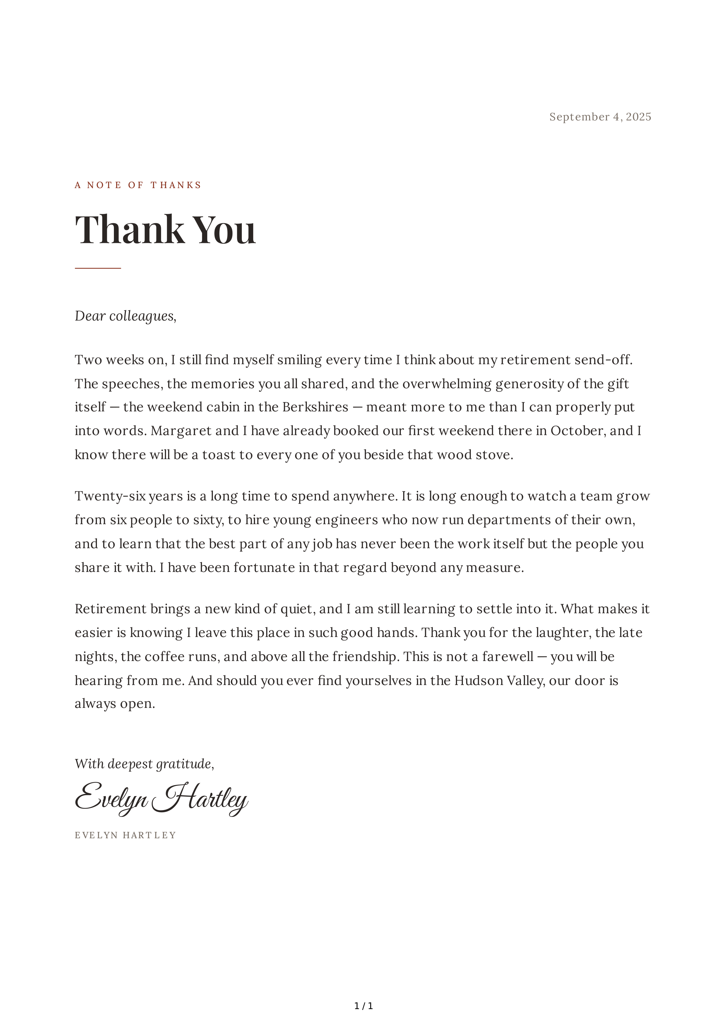 Thank You Note for a Retirement Gift — page 1