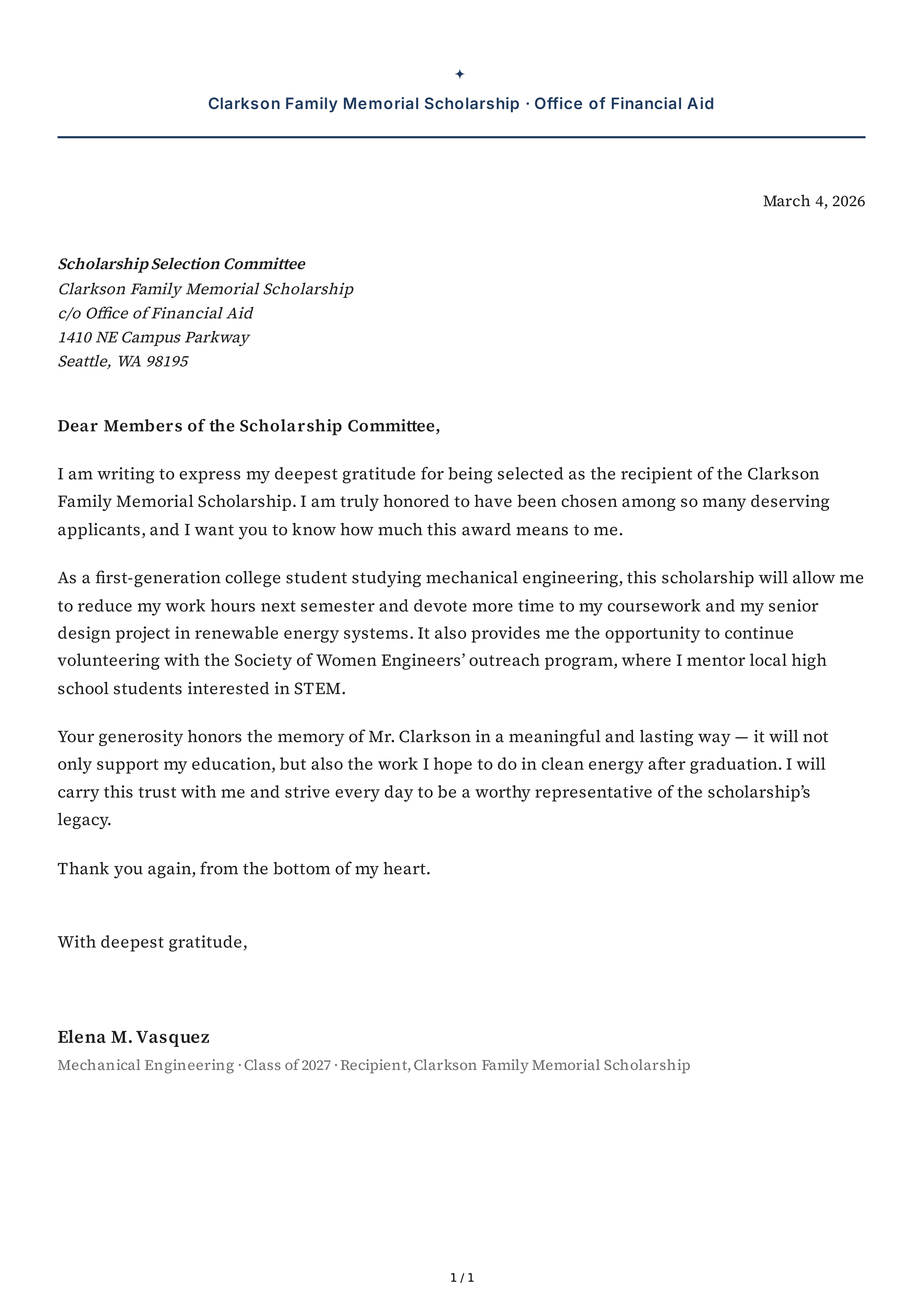 Thank You Note for a Scholarship — page 1