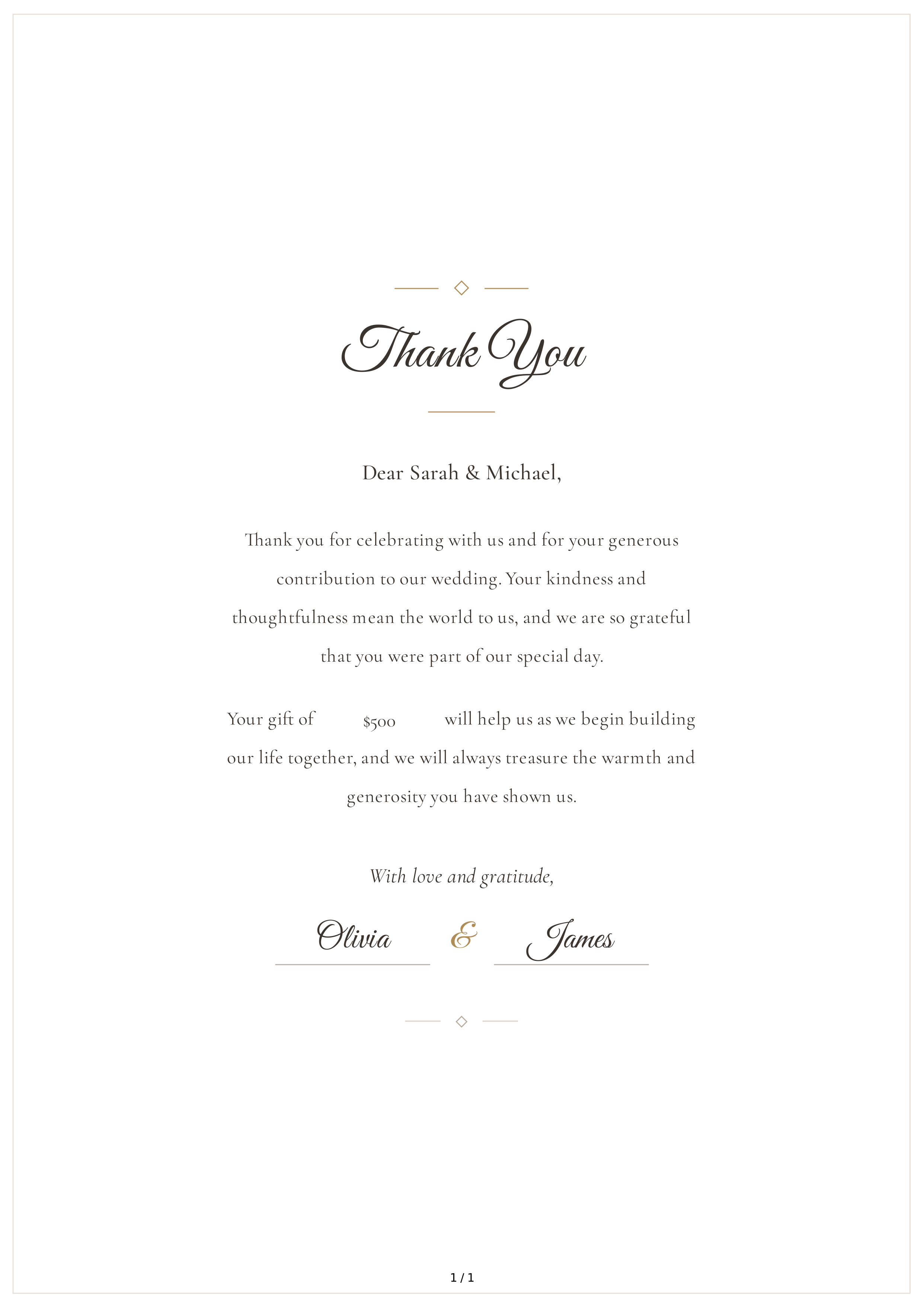Thank You Note for a Wedding Contribution — page 1