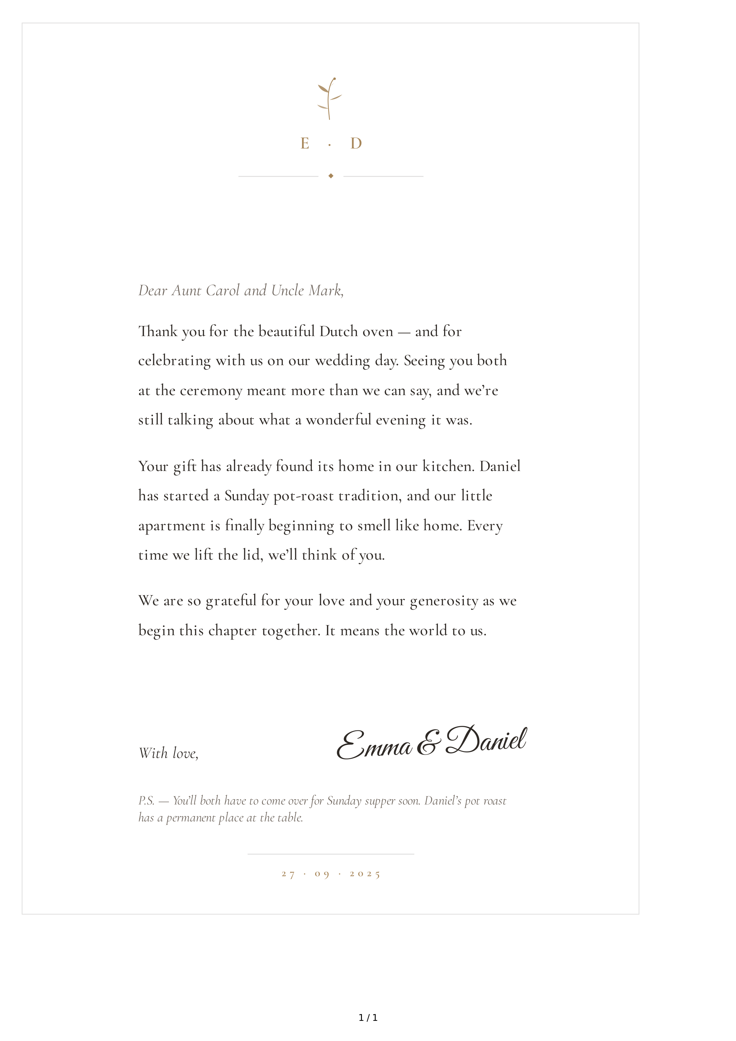 Thank You Note for a Wedding Gift — page 1