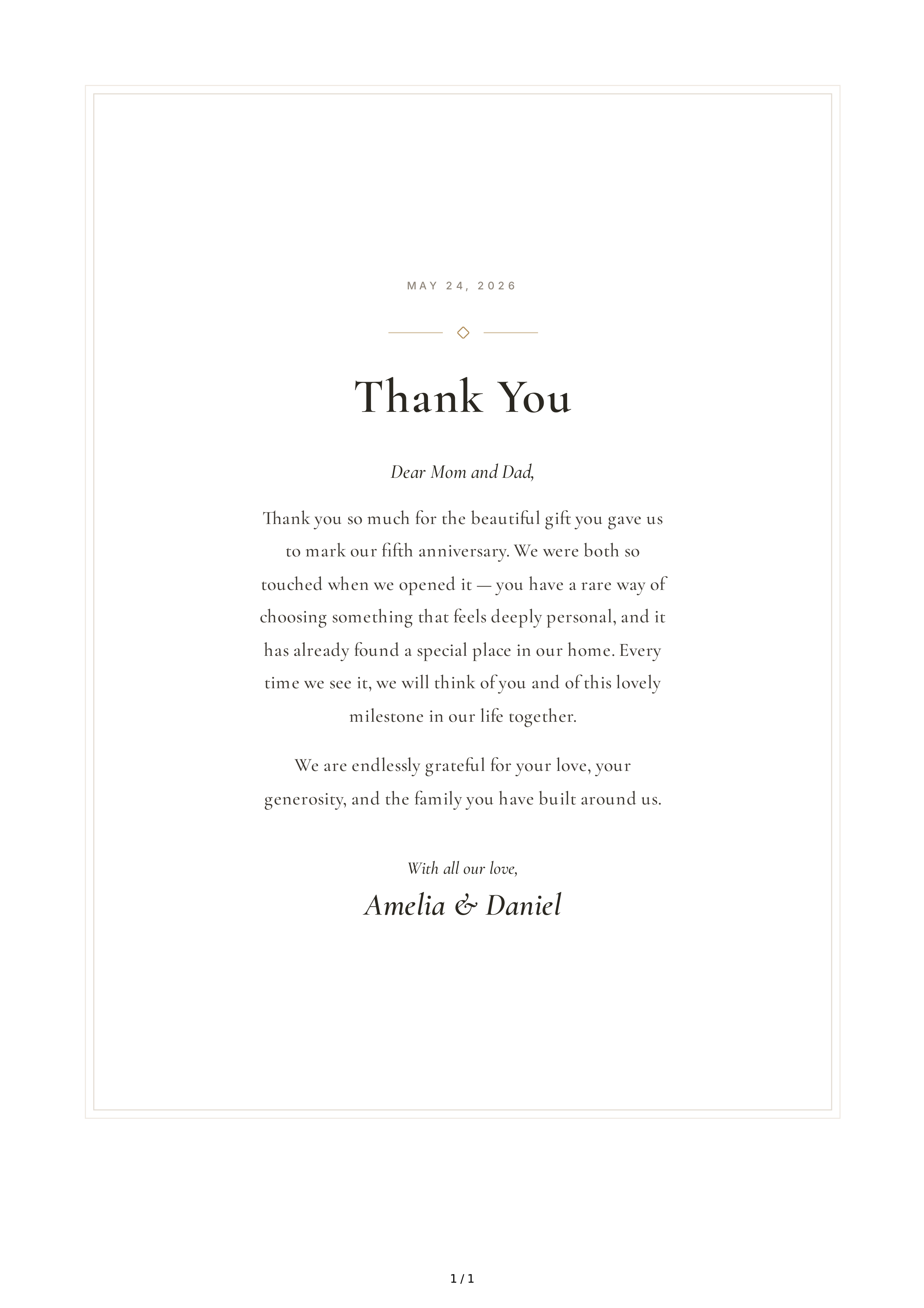 Thank You Note for an Anniversary Gift — page 1