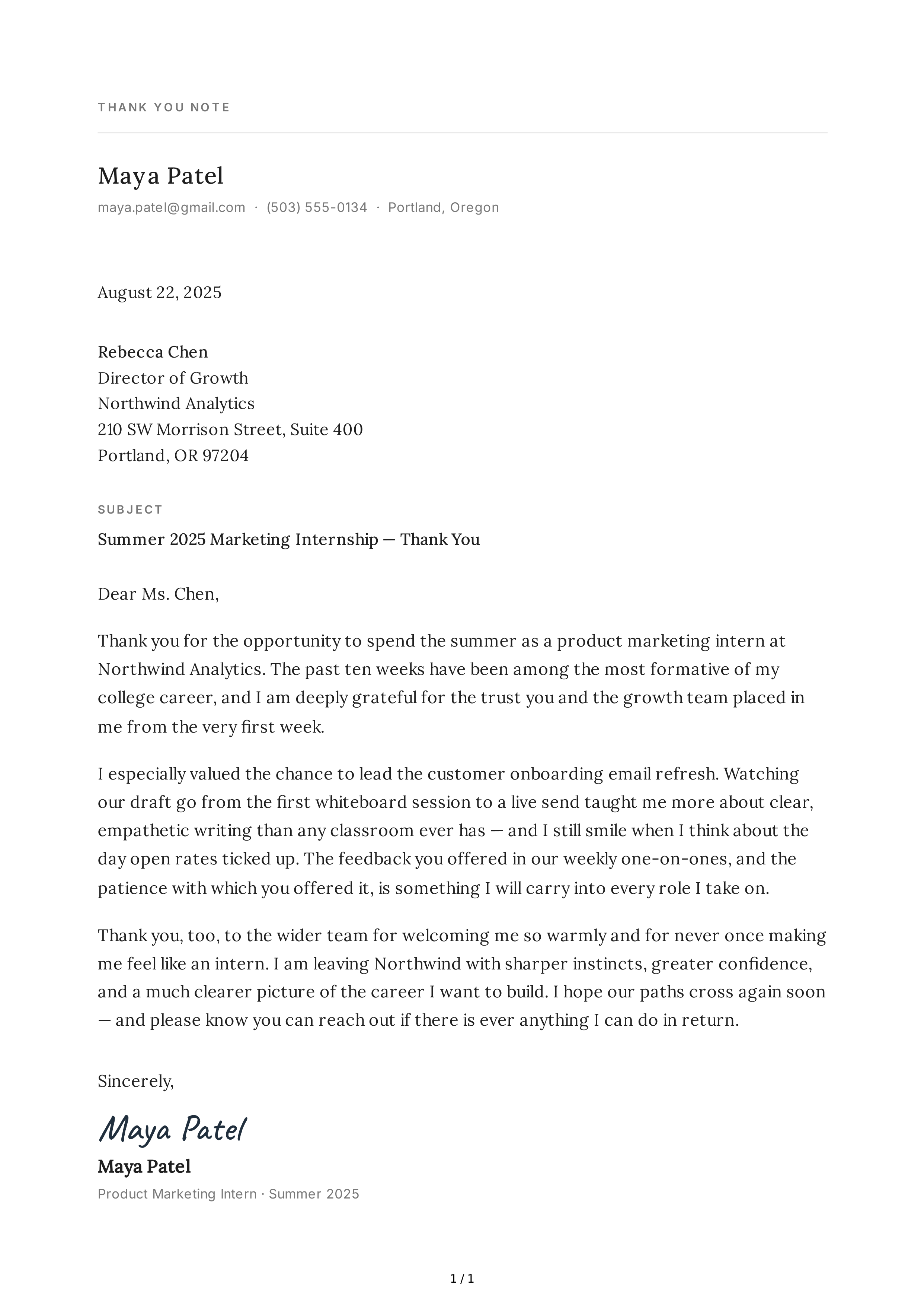 Thank You Note for an Internship — page 1