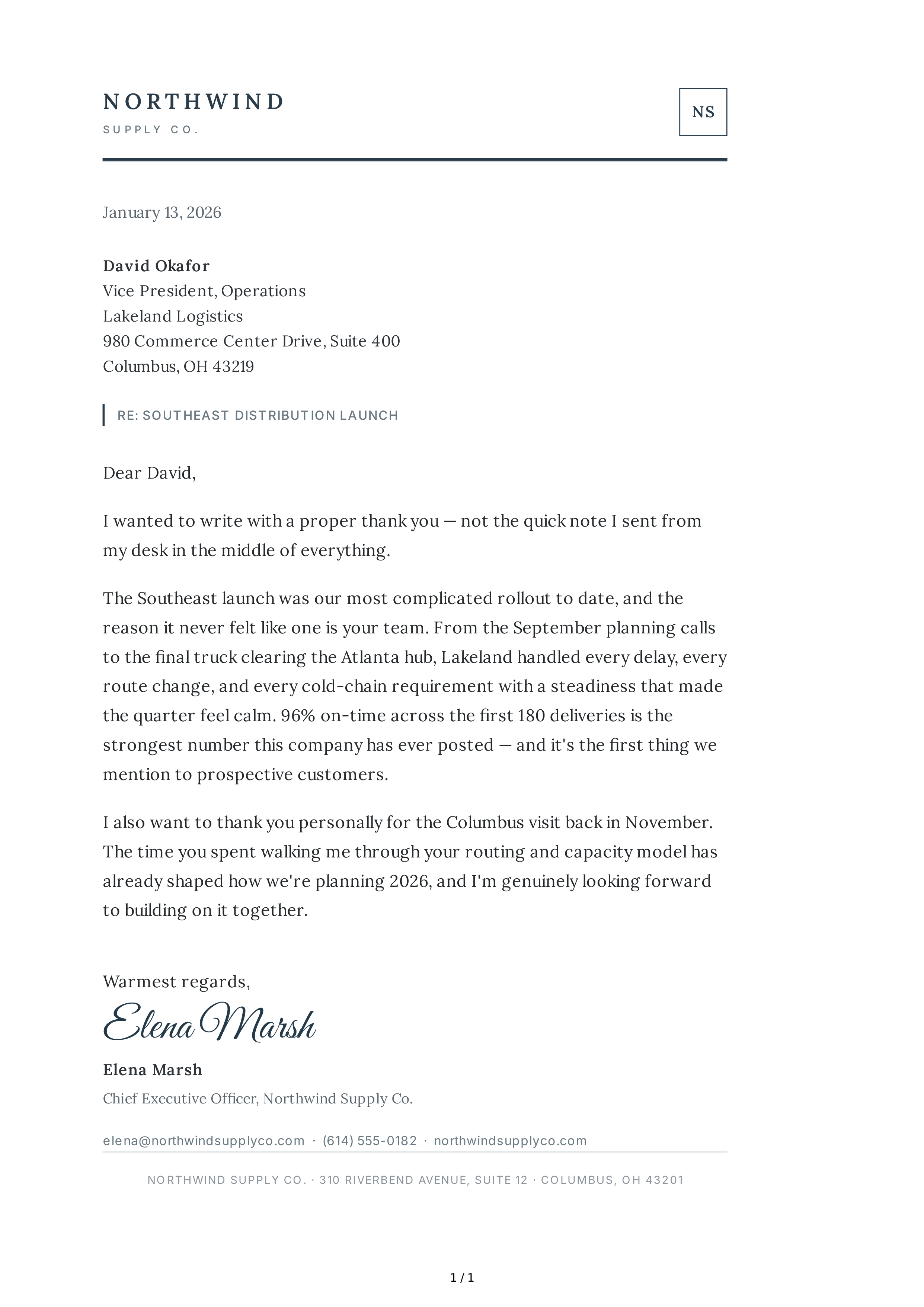 Thank You Note to a Business Partner — page 1
