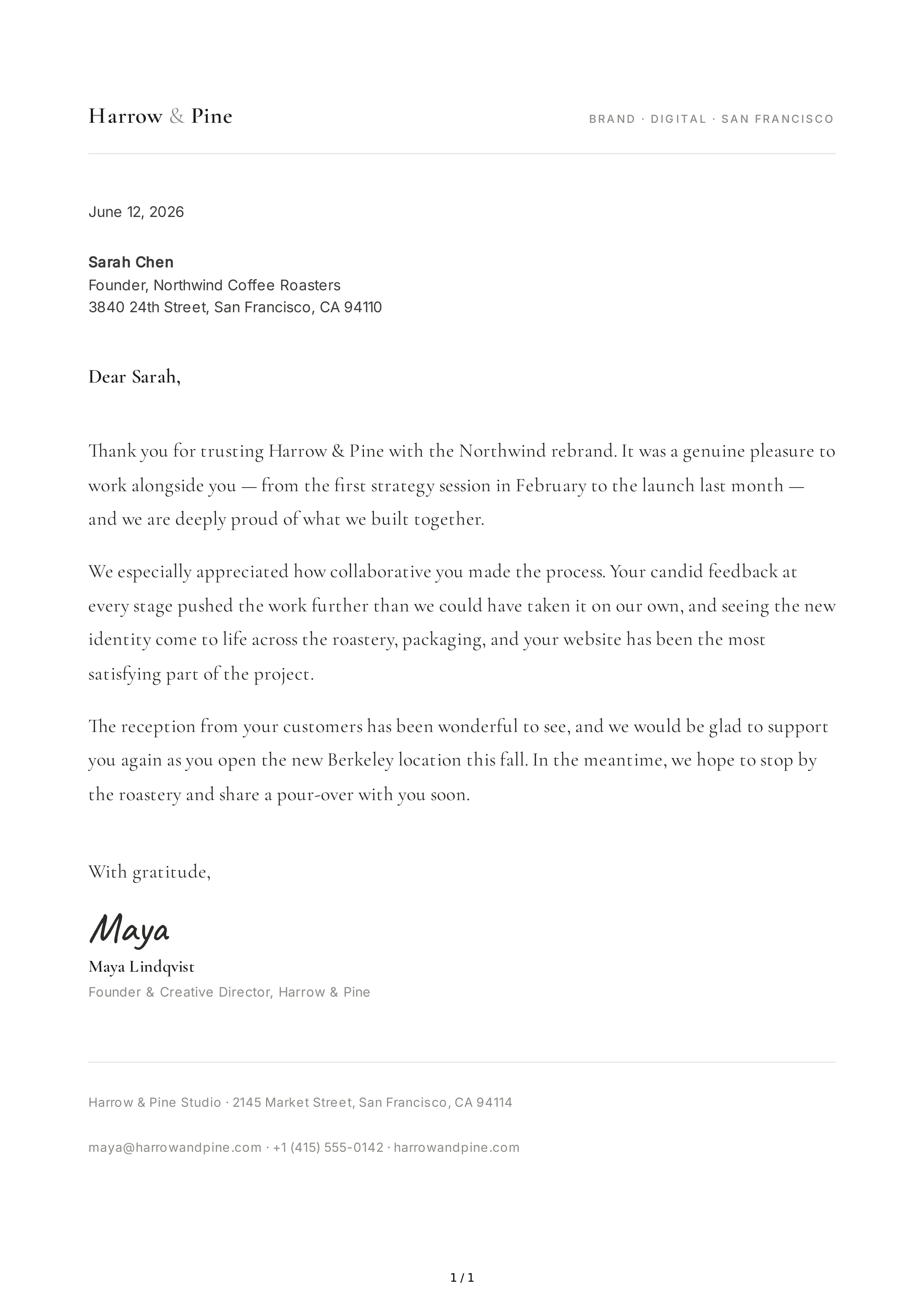 Thank You Note to a Client — page 1