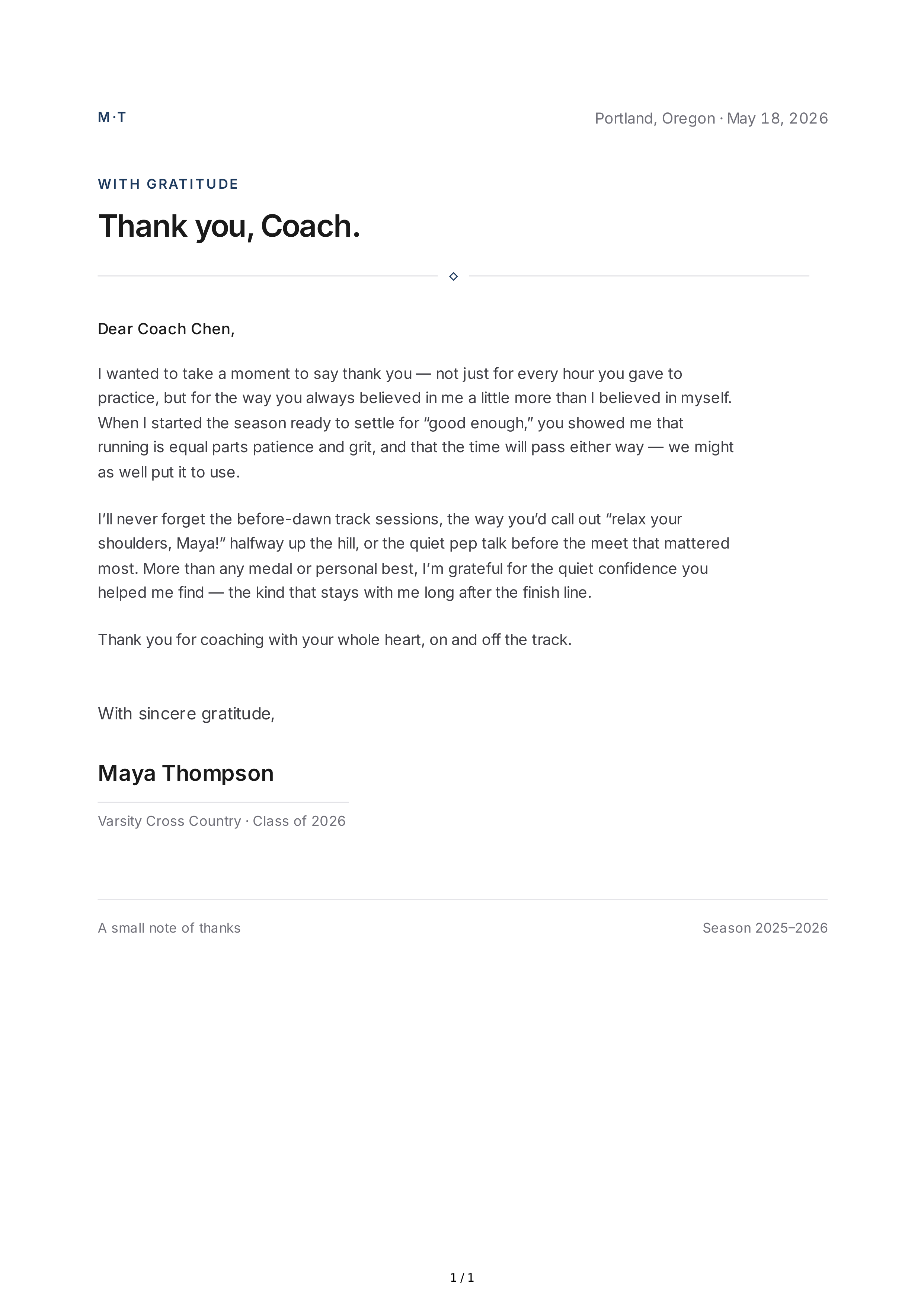 Thank You Note to a Coach — page 1