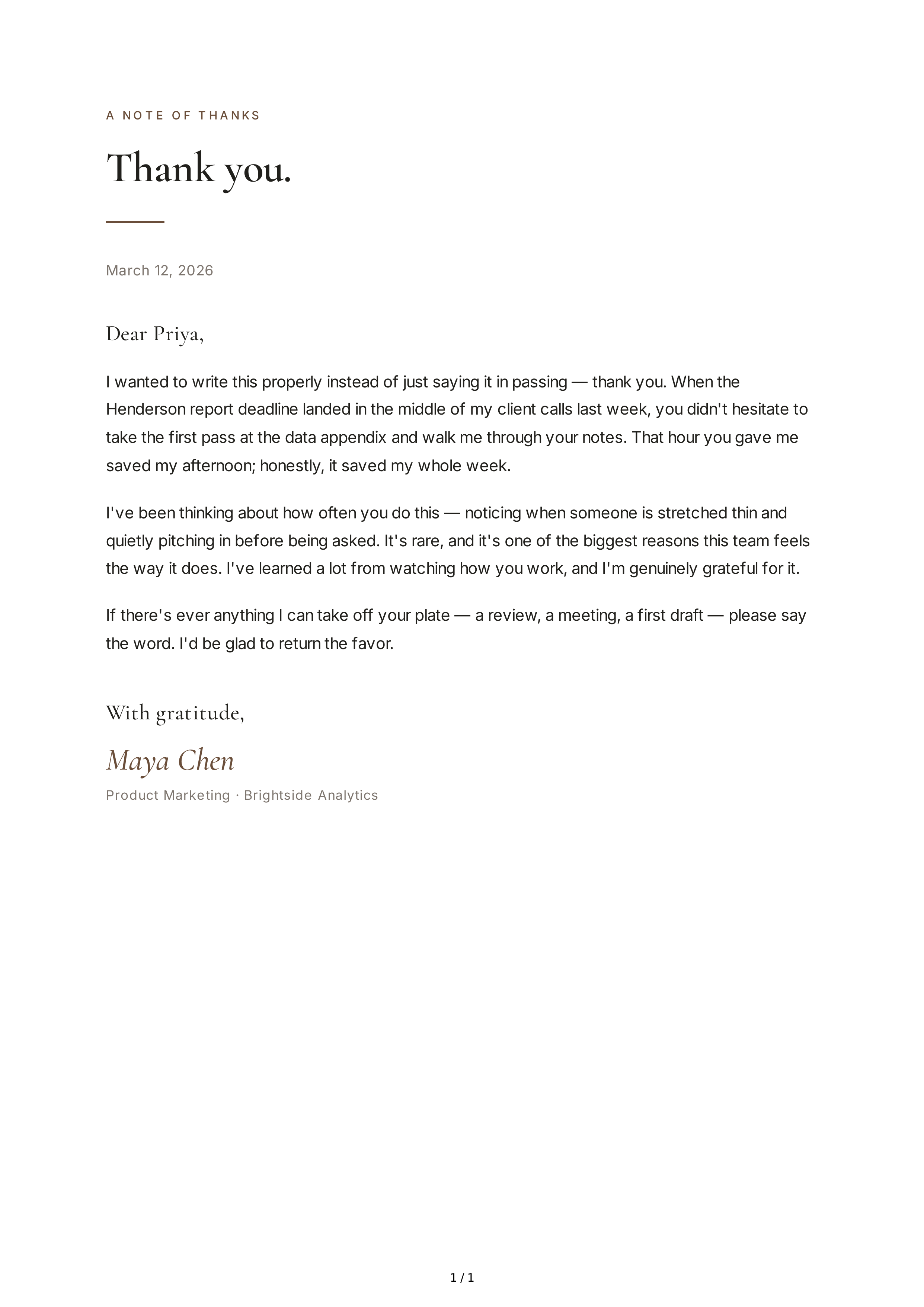 Thank You Note to a Colleague — page 1